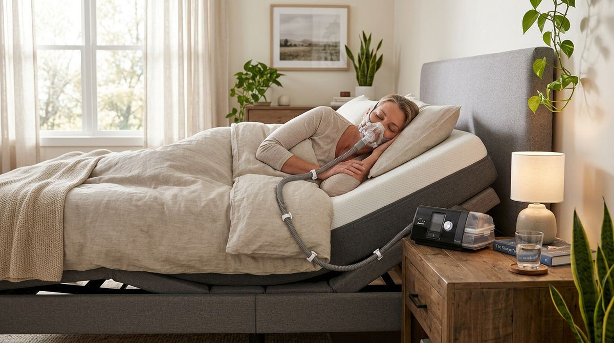 Positioning a CPAP machine with an adjustable bed for sleep