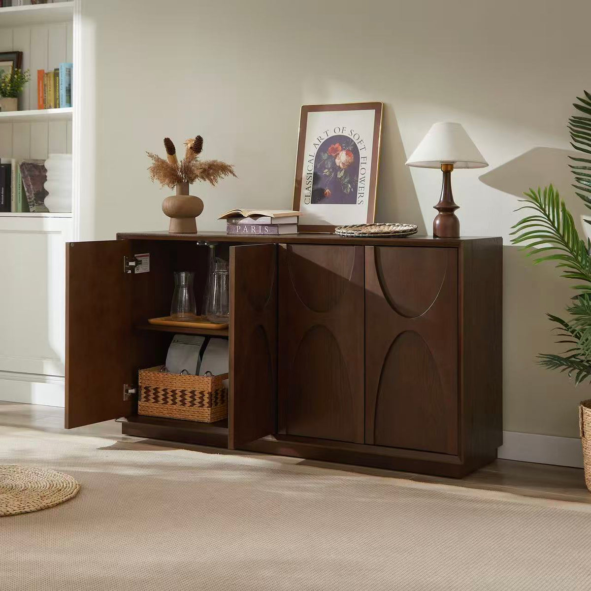 4-Door Accent Cabinet with Carved Wood Doors, Adjustable Shelves & Cable Management