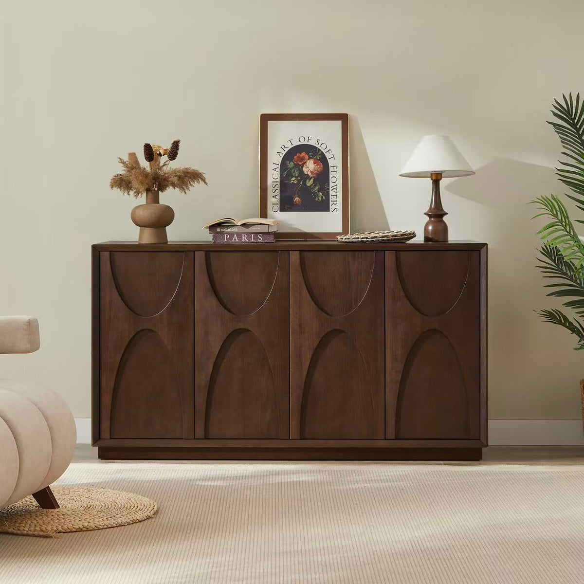 4-Door Accent Cabinet with Carved Wood Doors, Adjustable Shelves & Cable Management