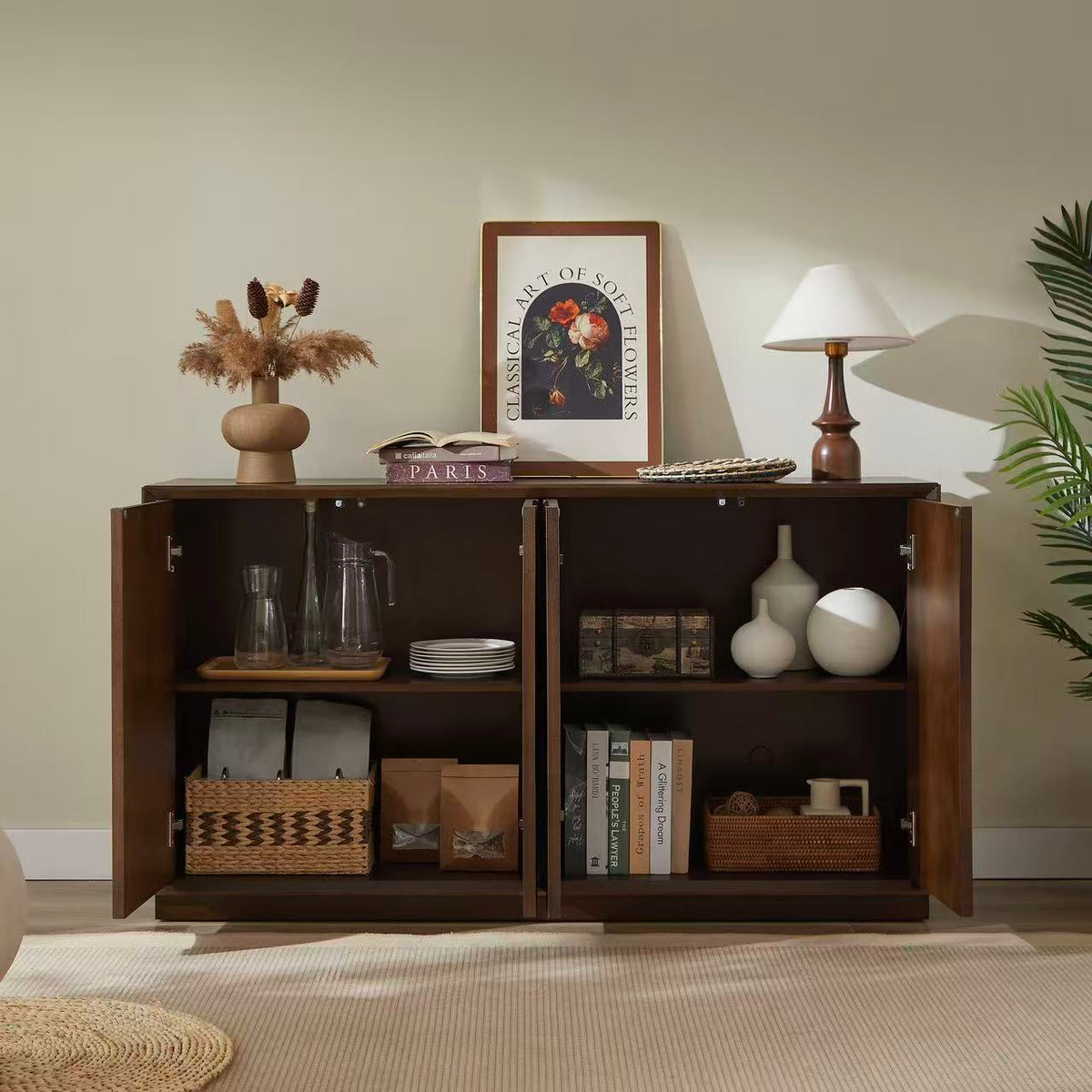 4-Door Accent Cabinet with Carved Wood Doors, Adjustable Shelves & Cable Management