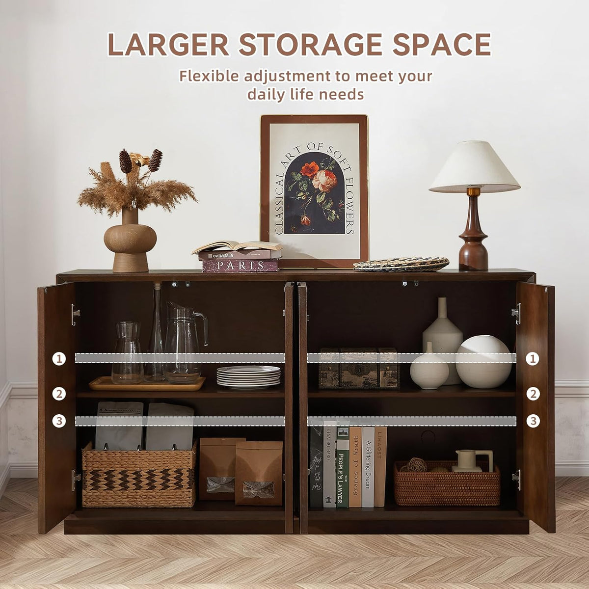 4-Door Accent Cabinet with Carved Wood Doors, Adjustable Shelves & Cable Management
