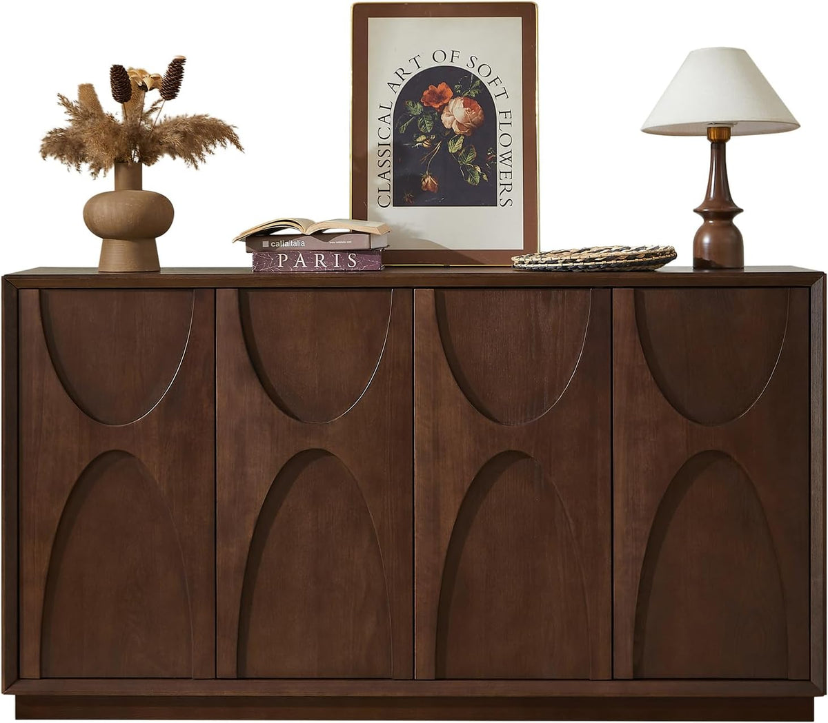 4-Door Accent Cabinet with Carved Wood Doors, Adjustable Shelves & Cable Management