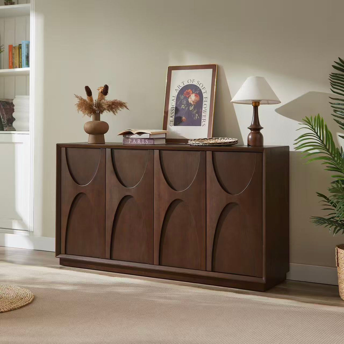 4-Door Accent Cabinet with Carved Wood Doors, Adjustable Shelves & Cable Management