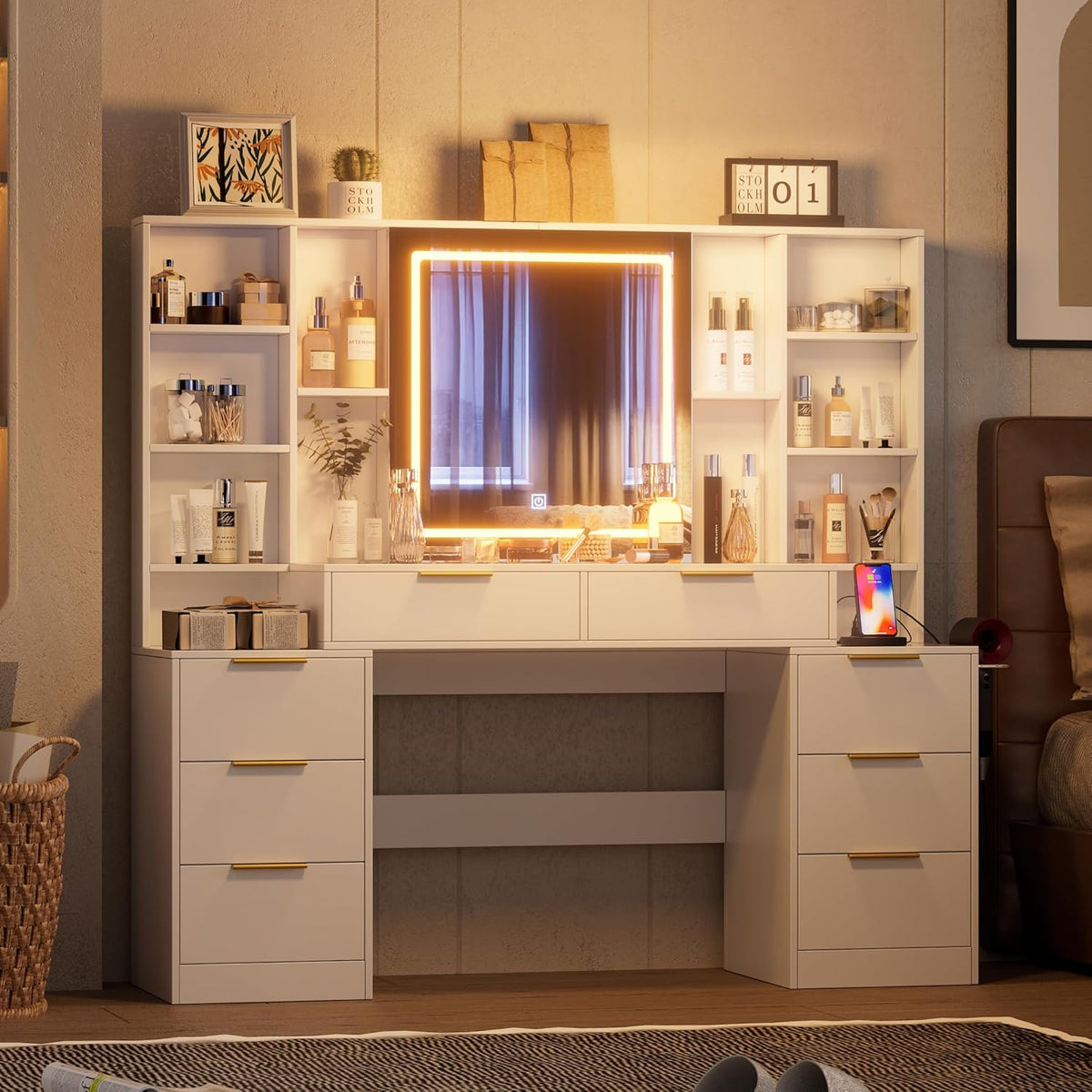 59" Large Makeup Vanity Desk with Mirror & LED Lights