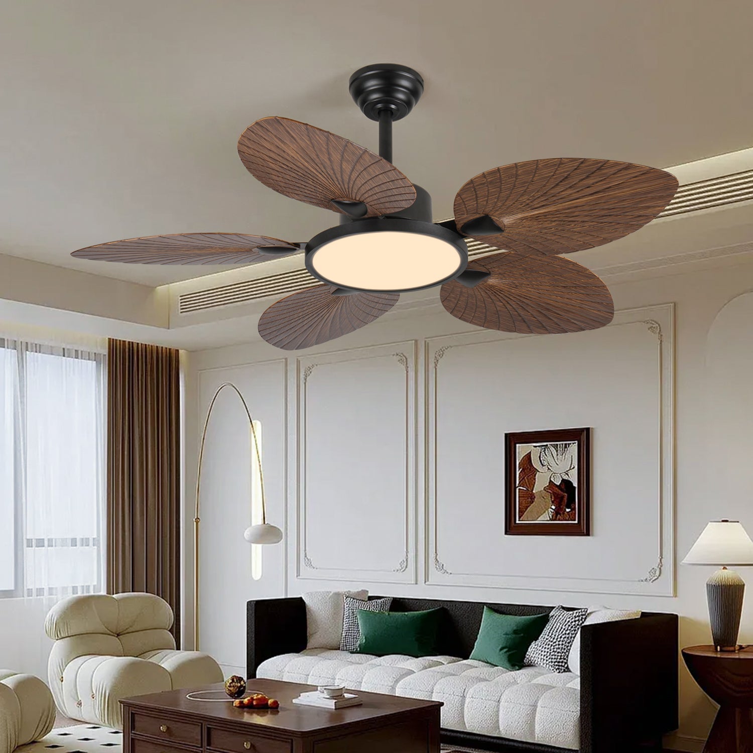 52" Tropical Palm Leaf Ceiling Fan with LED Lights & Remote Control – Decorative Indoor Ceiling Fan for Bedroom, Living Room & Patio