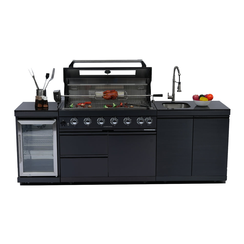 43" 6-Burner Stainless Steel Outdoor Kitchen Island Grill with Wine Cooler, Sink & Rotisserie Kit