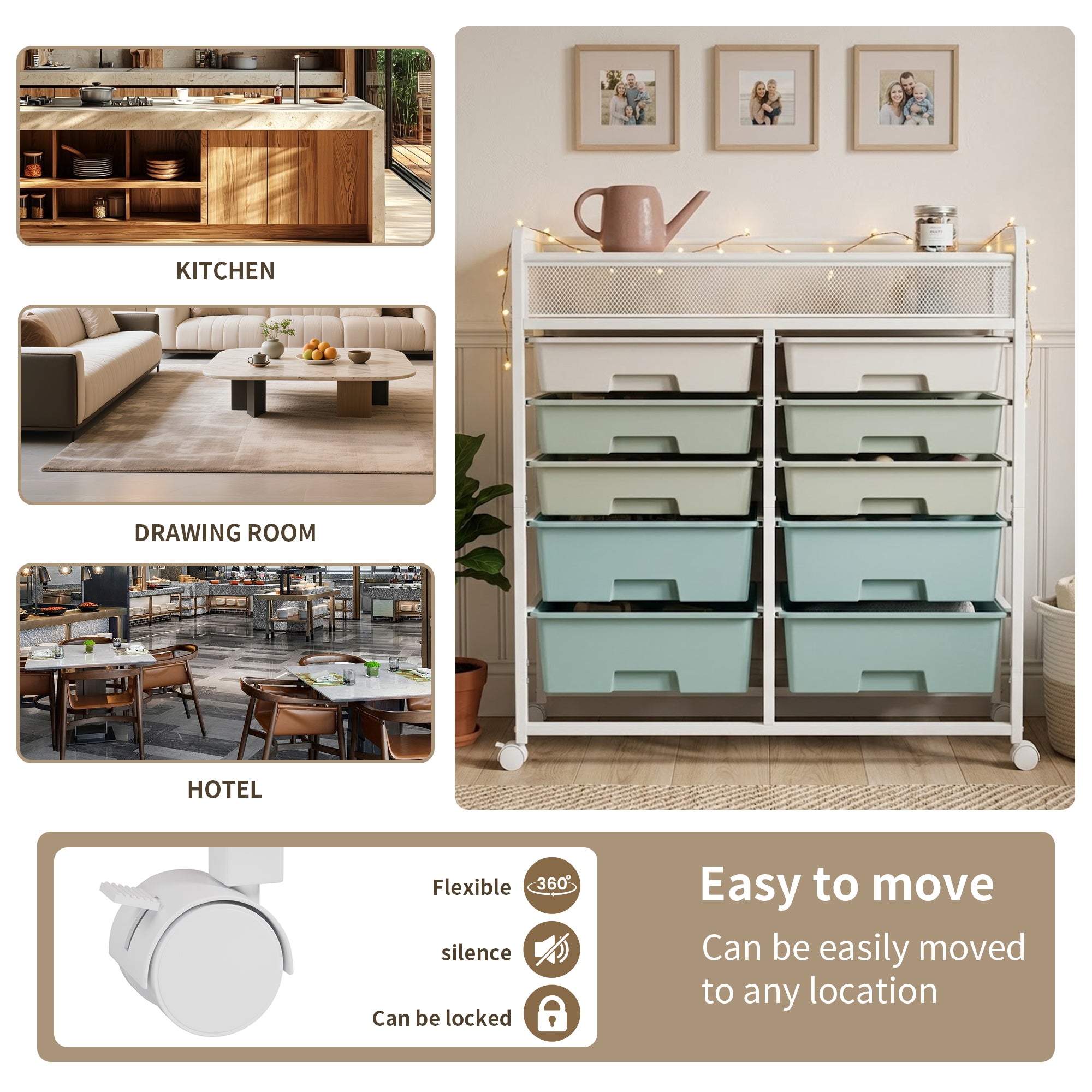 White Large-Capacity 2-Row 10-Drawer Rolling Storage Cart with Metal Mesh Top – Multi-Layer Plastic Drawer Organizer with Wheels for Kitchen, Bathroom, Bedroom & Office