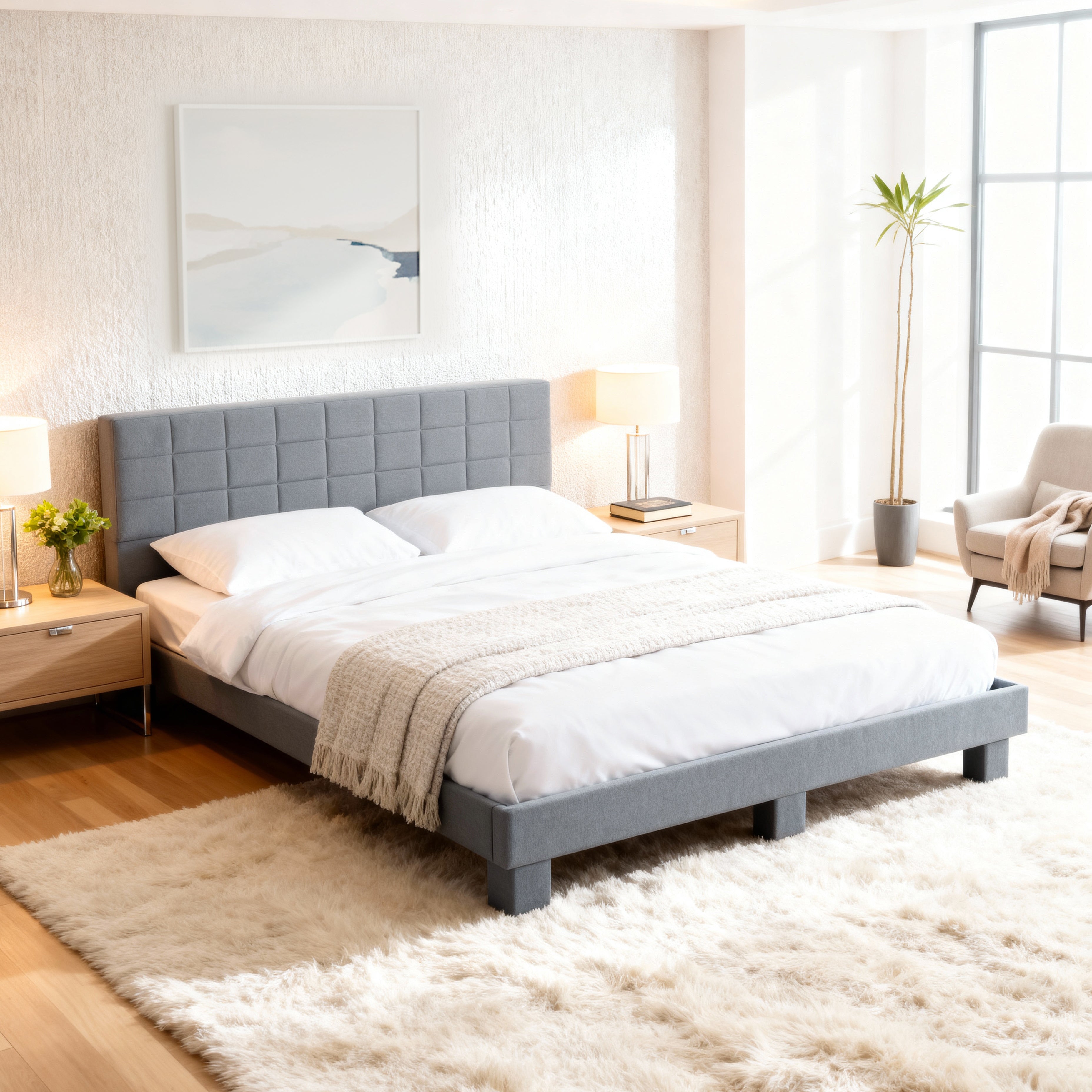 King Upholstered Platform Bed Frame – Tufted Headboard, Solid Wood Slats, Adjustable Height