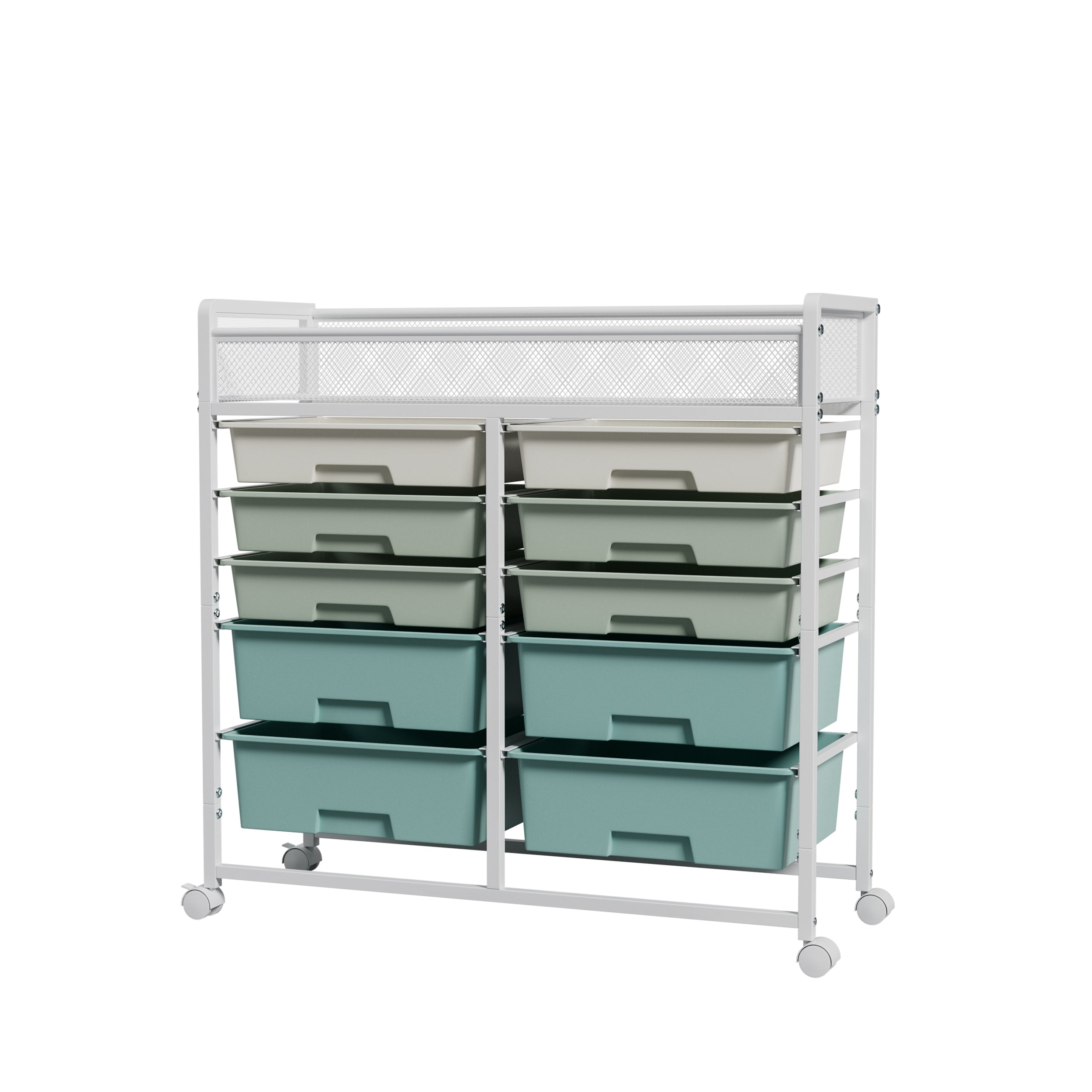 White Large-Capacity 2-Row 10-Drawer Rolling Storage Cart with Metal Mesh Top – Multi-Layer Plastic Drawer Organizer with Wheels for Kitchen, Bathroom, Bedroom & Office