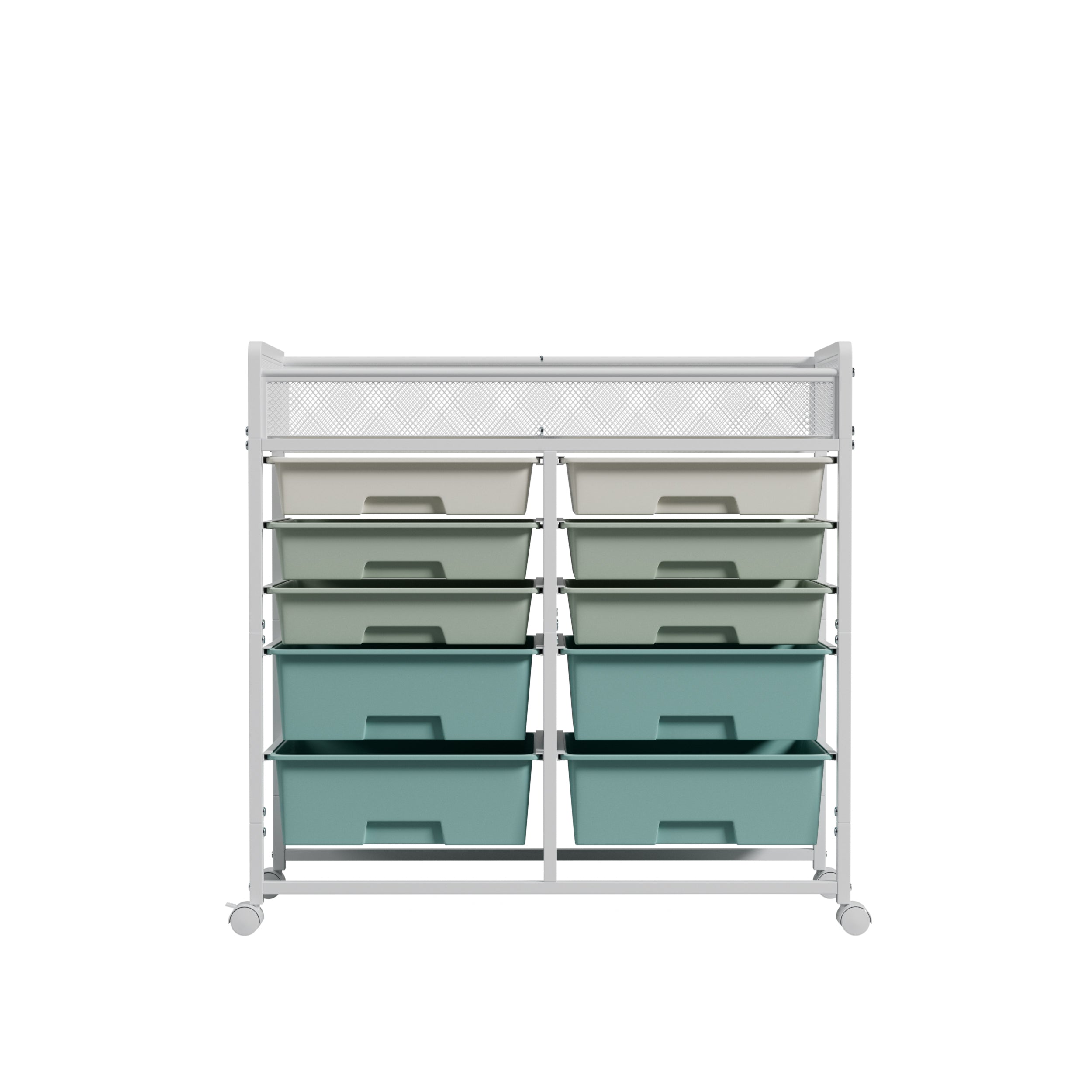 White Large-Capacity 2-Row 10-Drawer Rolling Storage Cart with Metal Mesh Top – Multi-Layer Plastic Drawer Organizer with Wheels for Kitchen, Bathroom, Bedroom & Office
