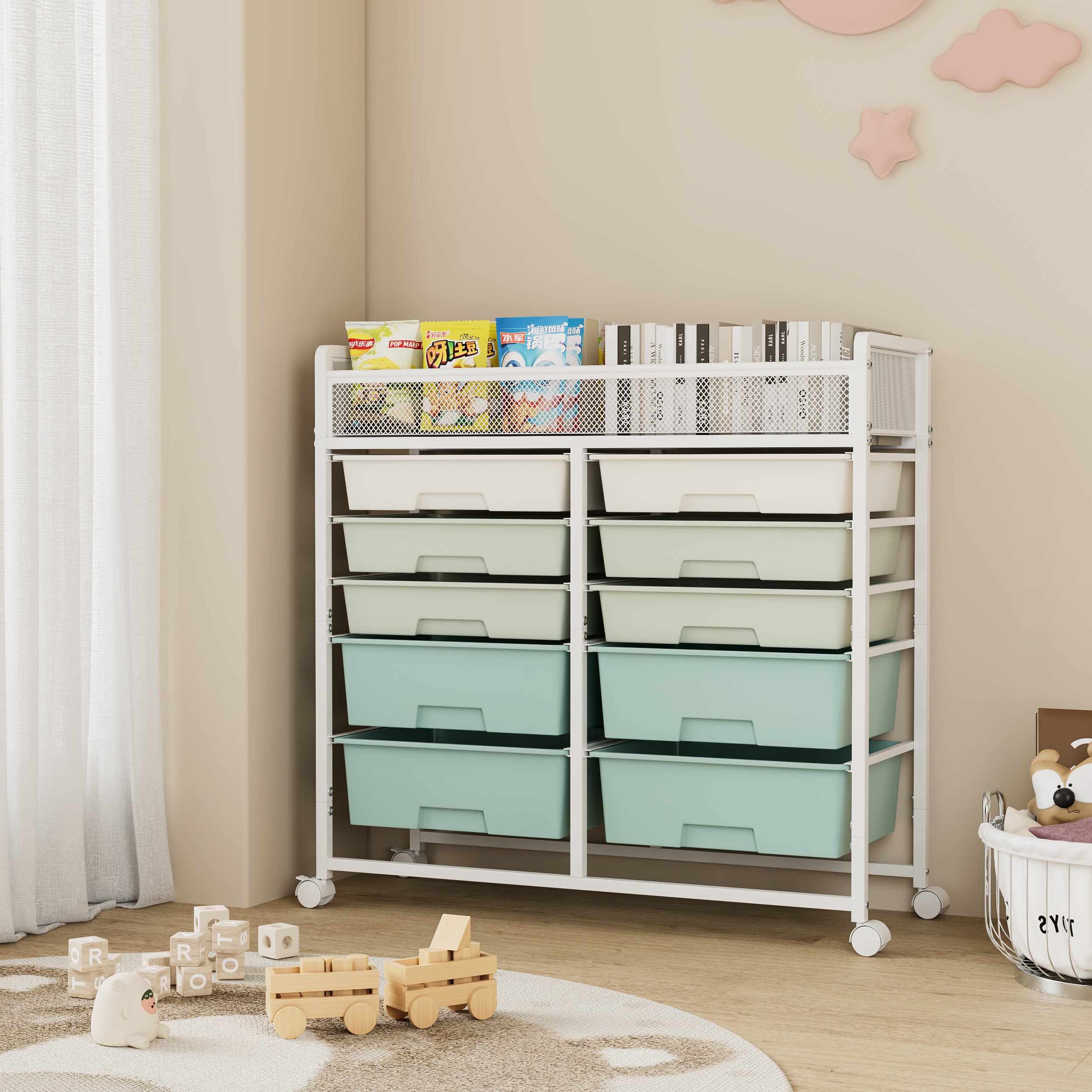 White Large-Capacity 2-Row 10-Drawer Rolling Storage Cart with Metal Mesh Top – Multi-Layer Plastic Drawer Organizer with Wheels for Kitchen, Bathroom, Bedroom & Office
