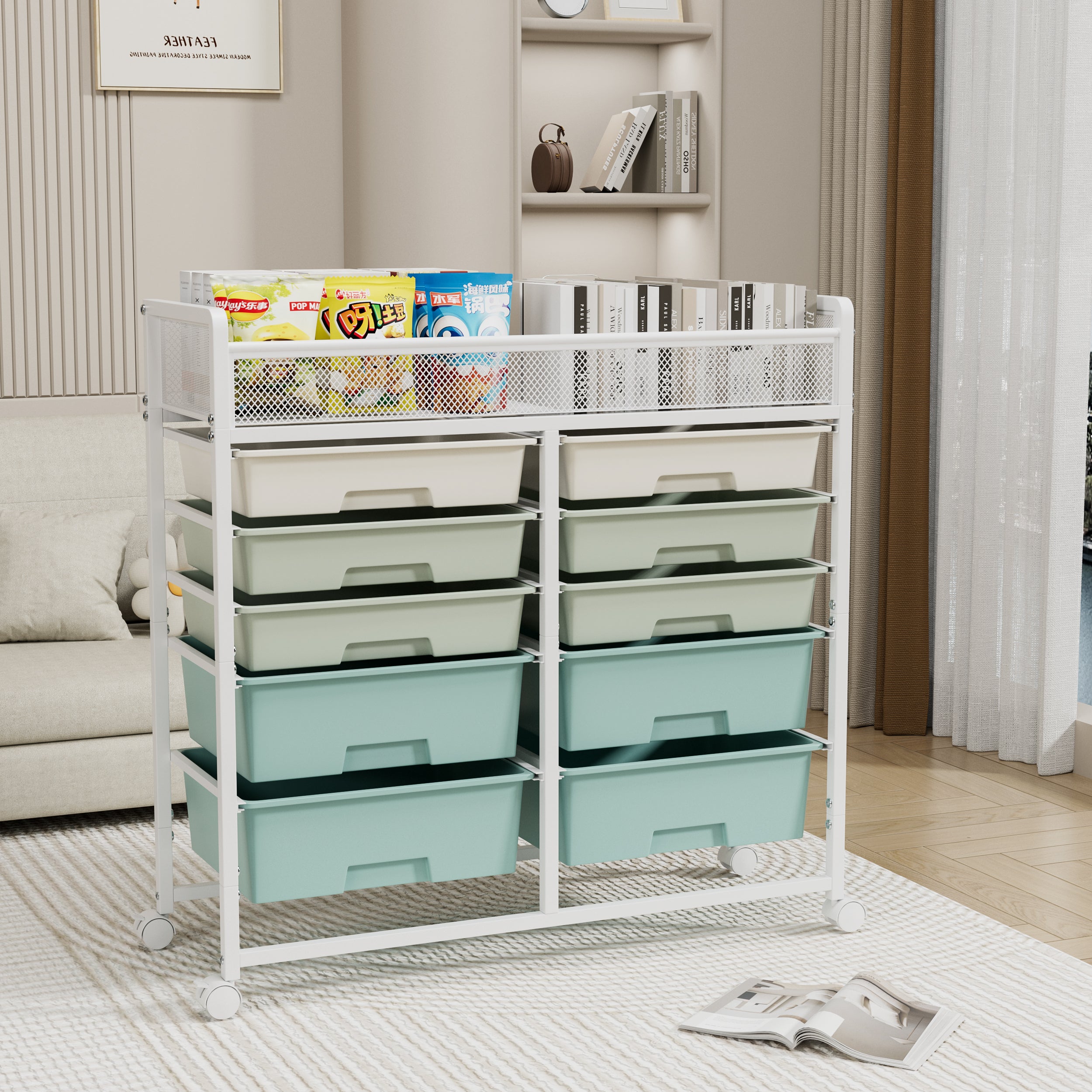 White Large-Capacity 2-Row 10-Drawer Rolling Storage Cart with Metal Mesh Top – Multi-Layer Plastic Drawer Organizer with Wheels for Kitchen, Bathroom, Bedroom & Office