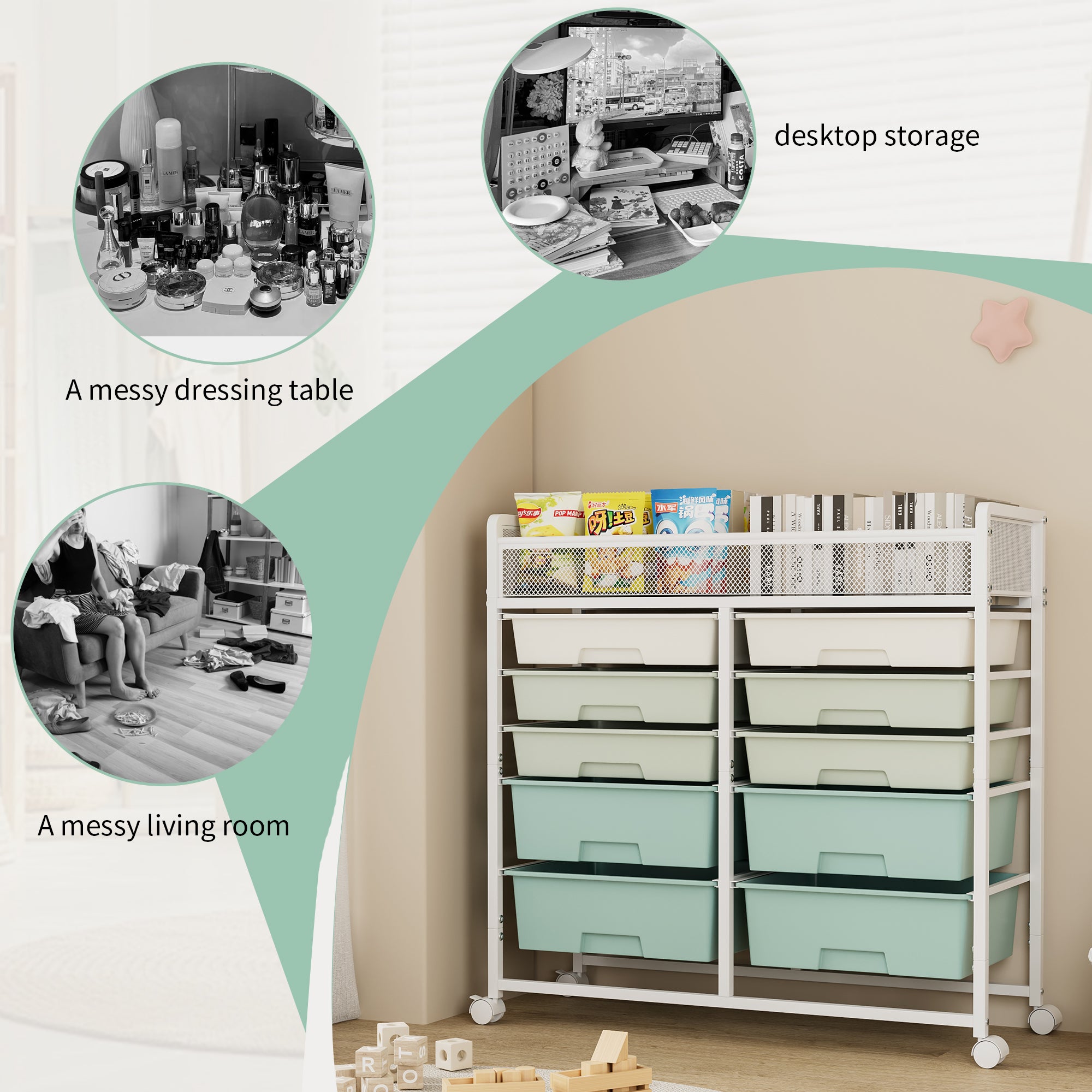 White Large-Capacity 2-Row 10-Drawer Rolling Storage Cart with Metal Mesh Top – Multi-Layer Plastic Drawer Organizer with Wheels for Kitchen, Bathroom, Bedroom & Office