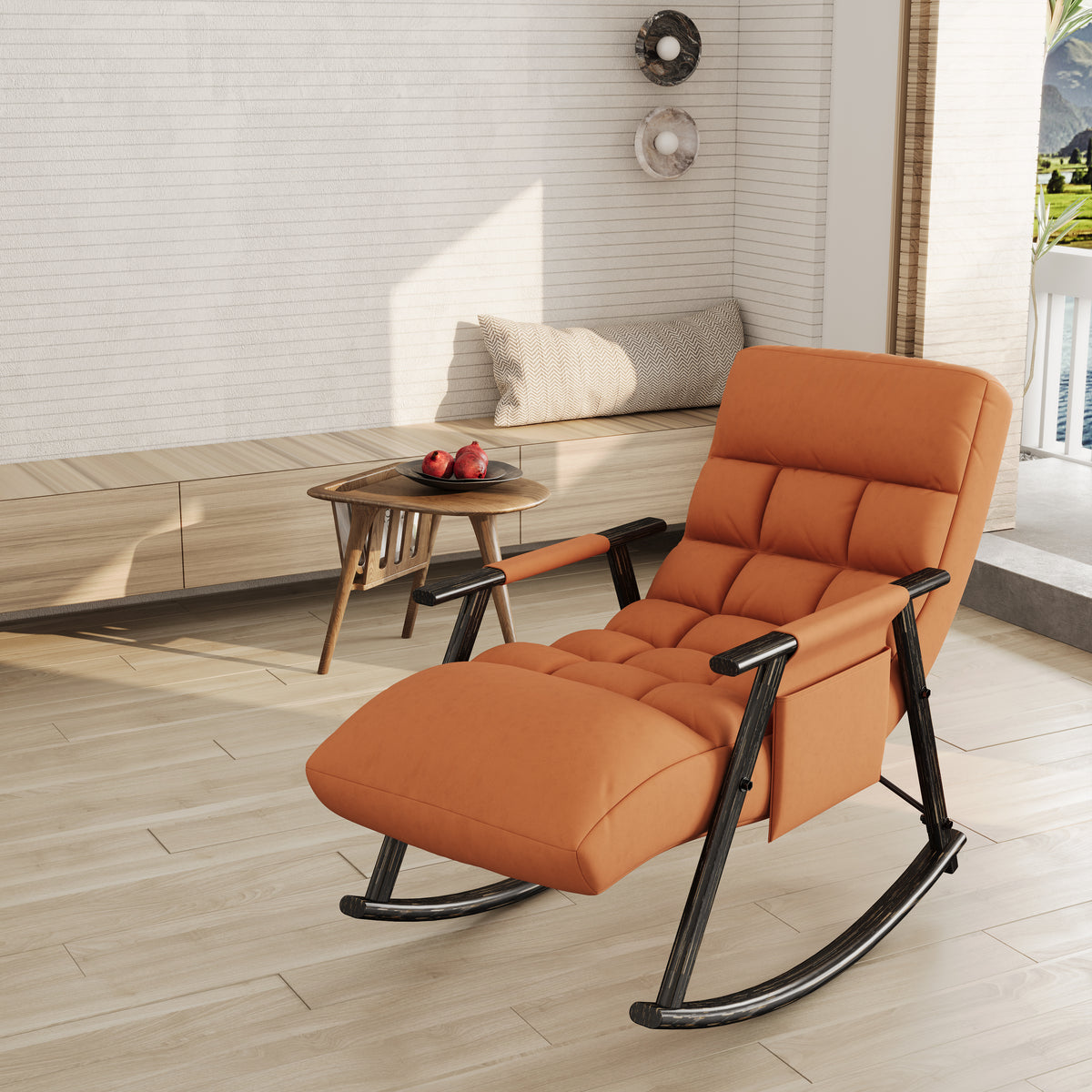 Upholstered Folding Rocking Chair with Adjustable Footrest