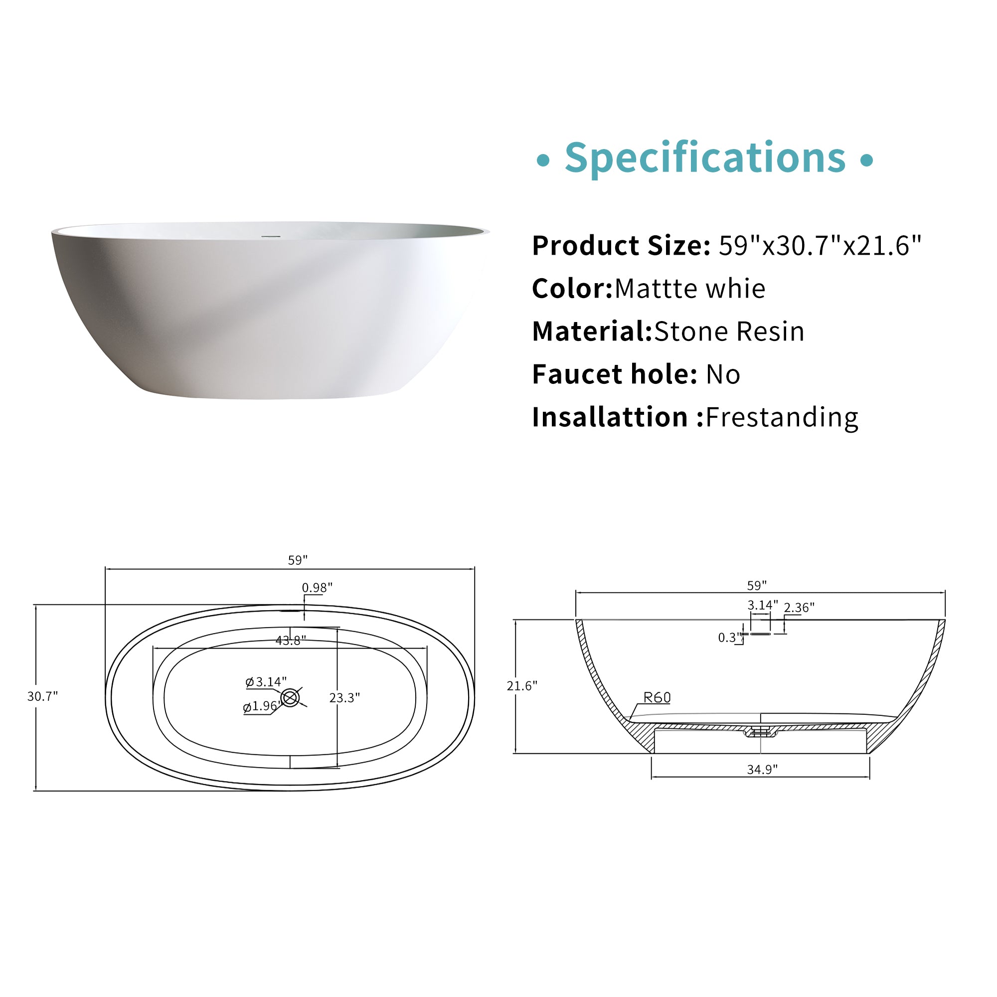 59" Matte White Solid Surface Freestanding Soaking Tub – Stone Resin Oval Bathtub with Thick Edge, Overflow & Pop-Up Drain