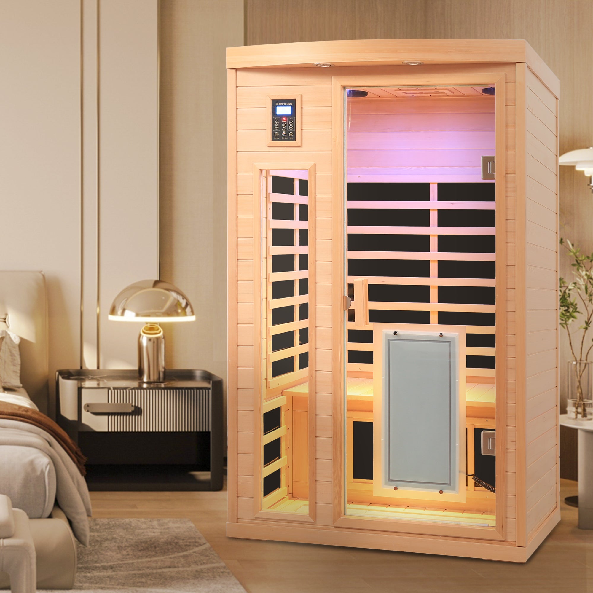 Low EMF Hemlock Far-Infrared 2-Person Indoor Sauna with Glass Door Heater