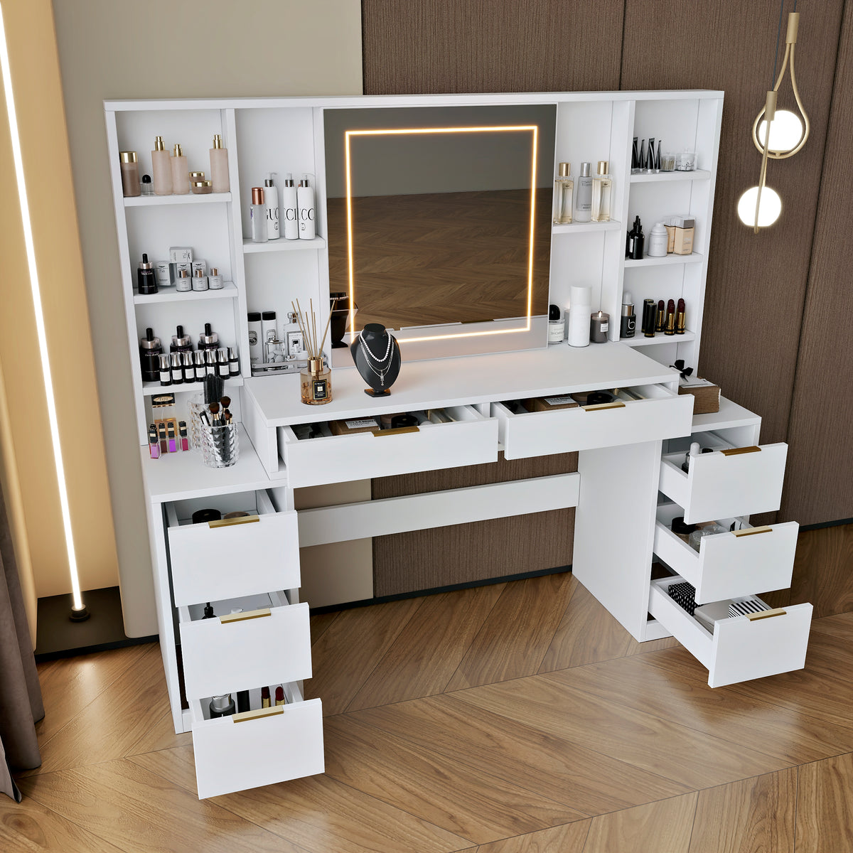 59" Large Makeup Vanity Desk with Mirror & LED Lights