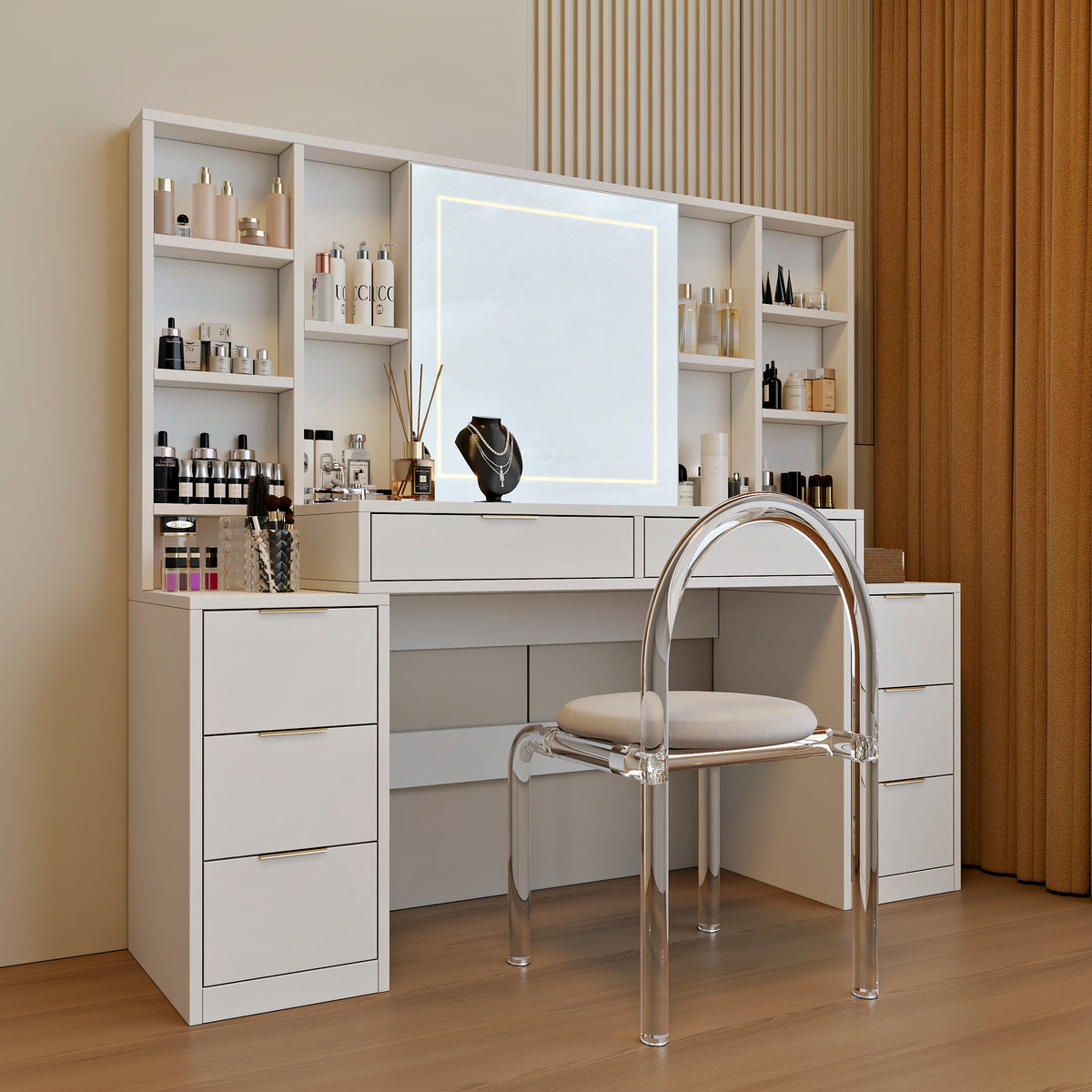 59" Large Makeup Vanity Desk with Mirror & LED Lights