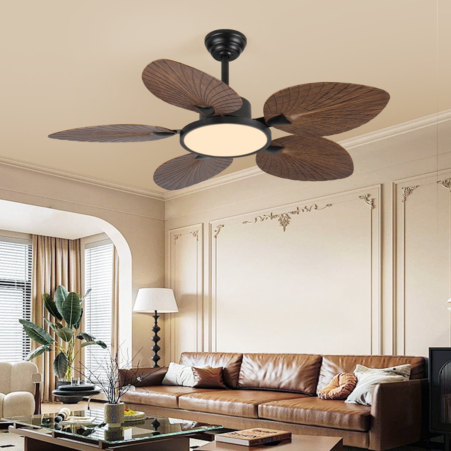 52" Tropical Palm Leaf Ceiling Fan with LED Lights & Remote Control – Decorative Indoor Ceiling Fan for Bedroom, Living Room & Patio