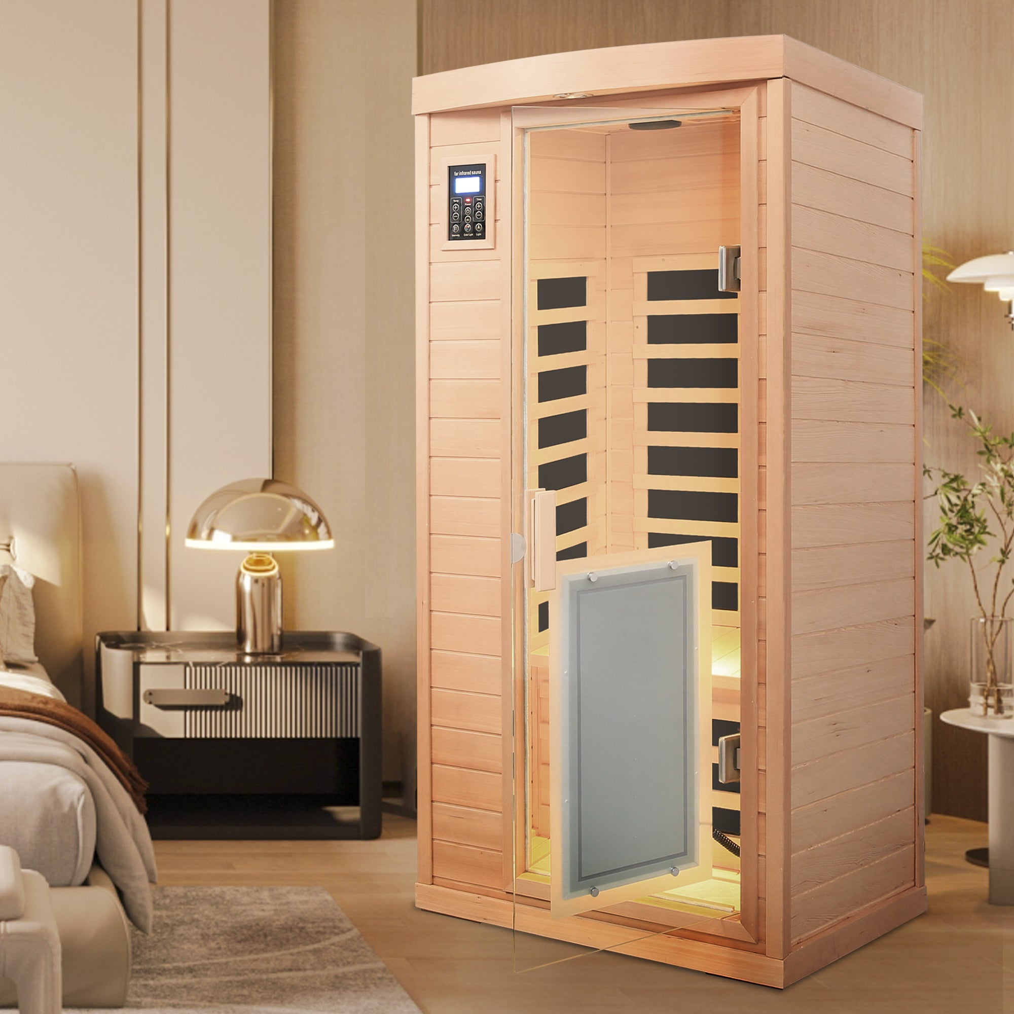 Low EMF 1-Person Hemlock Far-Infrared Indoor Sauna with Heated Glass Door