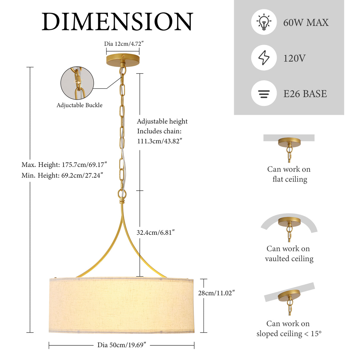 3-Light Gold Drum Pendant Ceiling Light