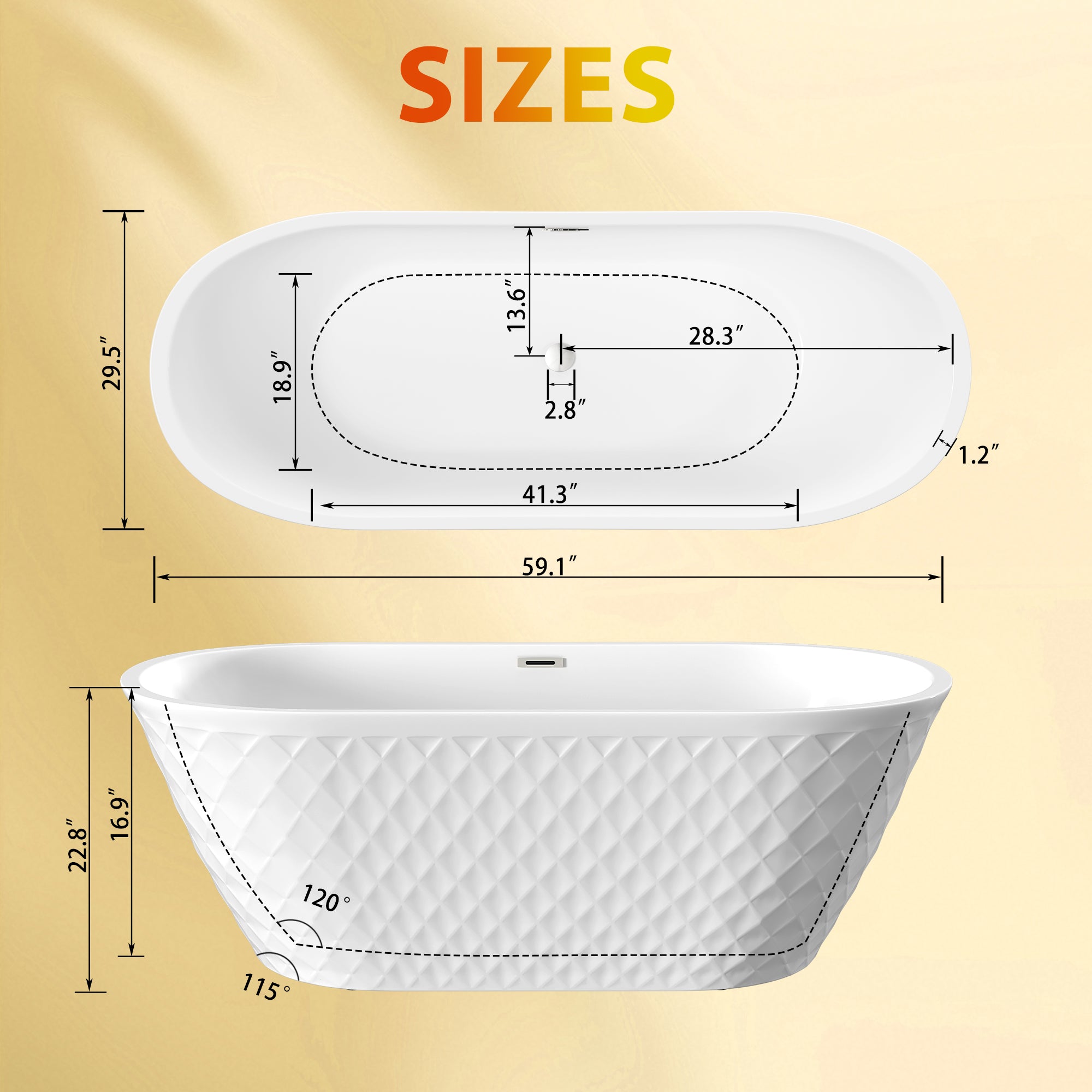 59" Acrylic Freestanding Bathtub – Diamond Pattern, Gloss White, Chrome Drain