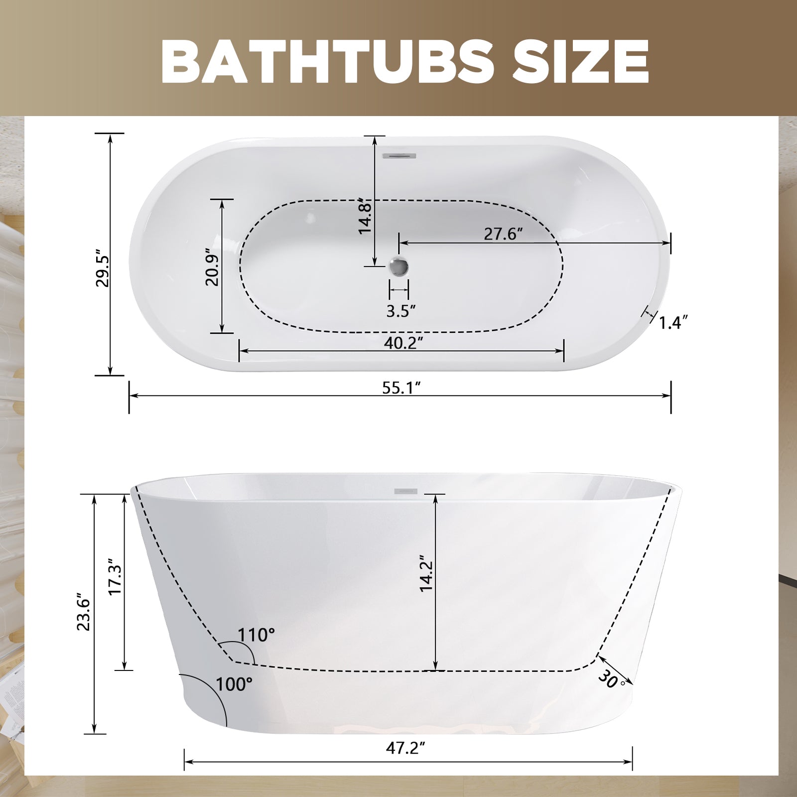 55" Acrylic Freestanding Soaking Bathtub with Chrome Drain