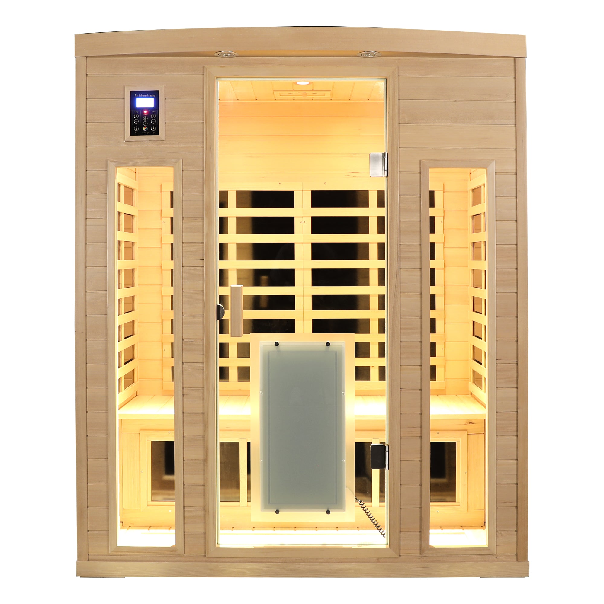 Premium Low EMF 3-Person Hemlock Infrared Sauna – Heated Glass Door Design