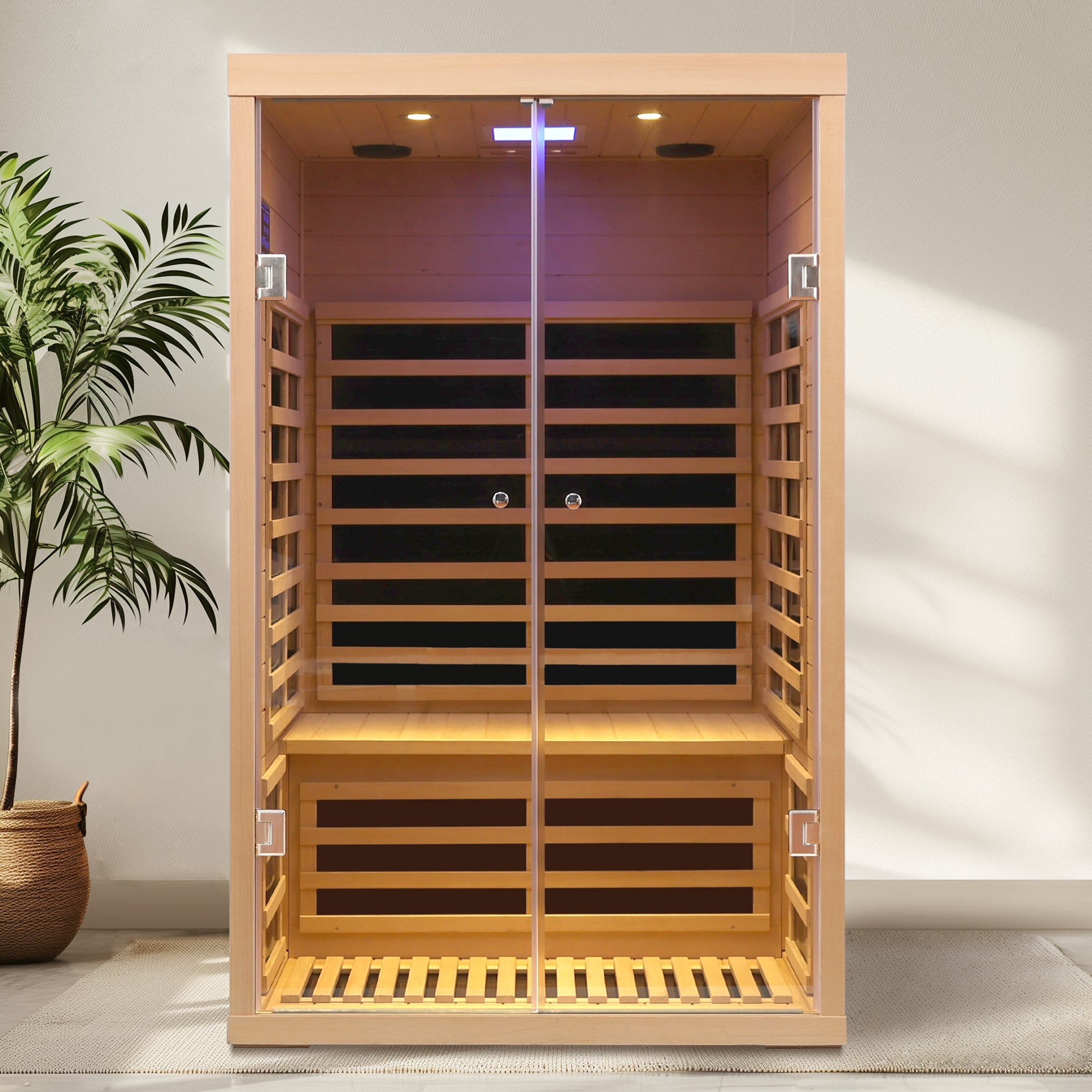 Low EMF 2-Person Hemlock Far-Infrared Indoor Sauna with Double Glass Doors