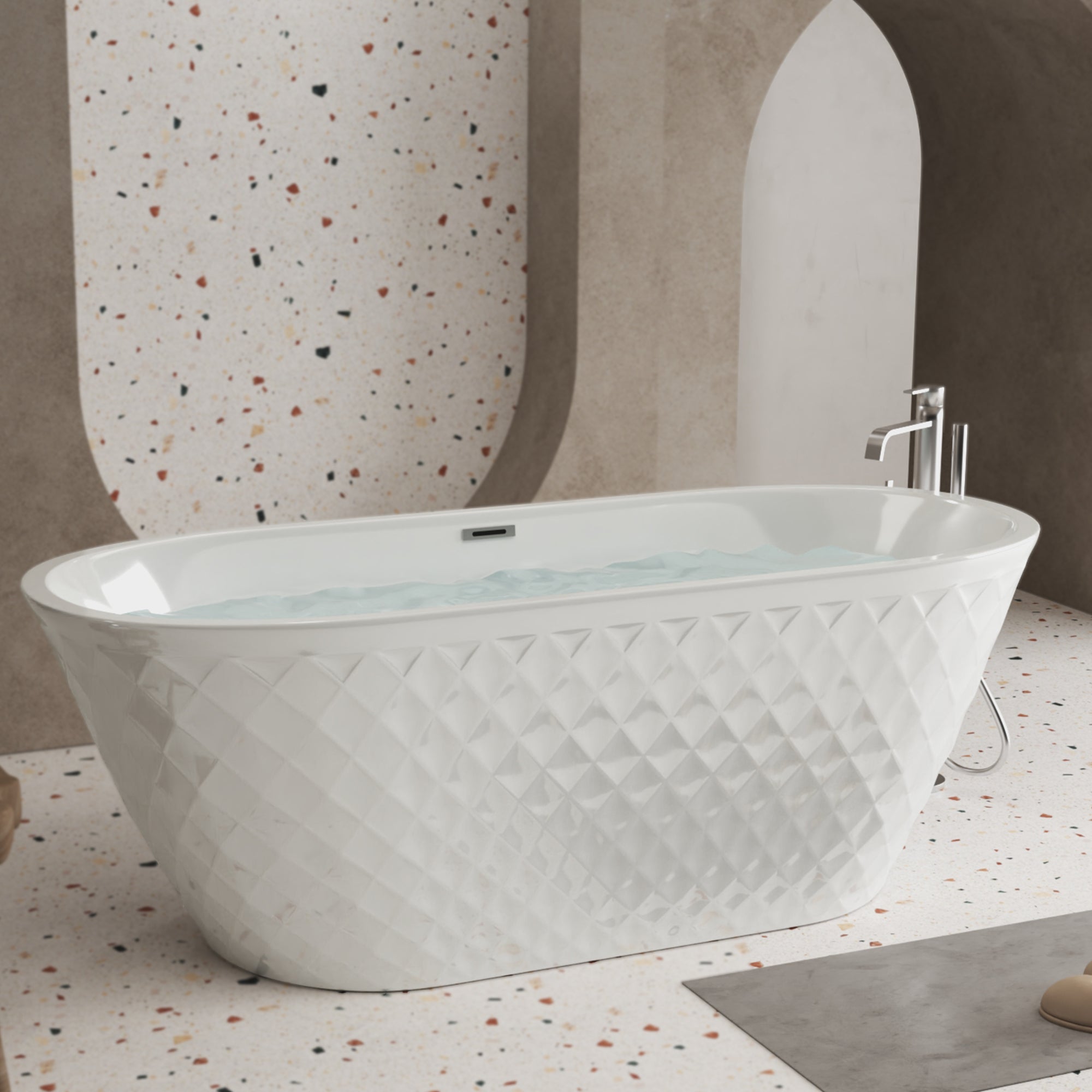 59" Acrylic Freestanding Bathtub – Diamond Pattern, Gloss White, Chrome Drain