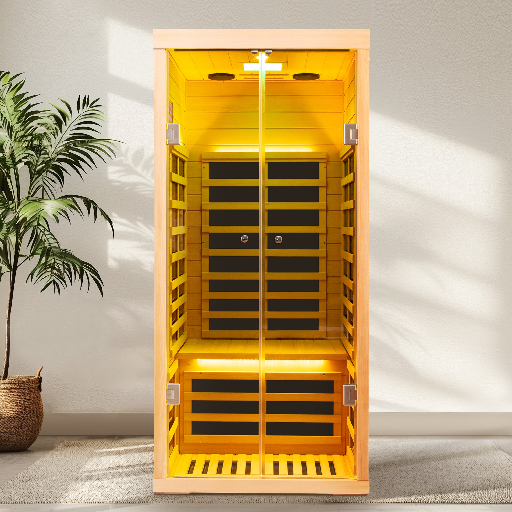 Low EMF 1-Person Hemlock Far-Infrared Indoor Sauna with Double Glass Doors