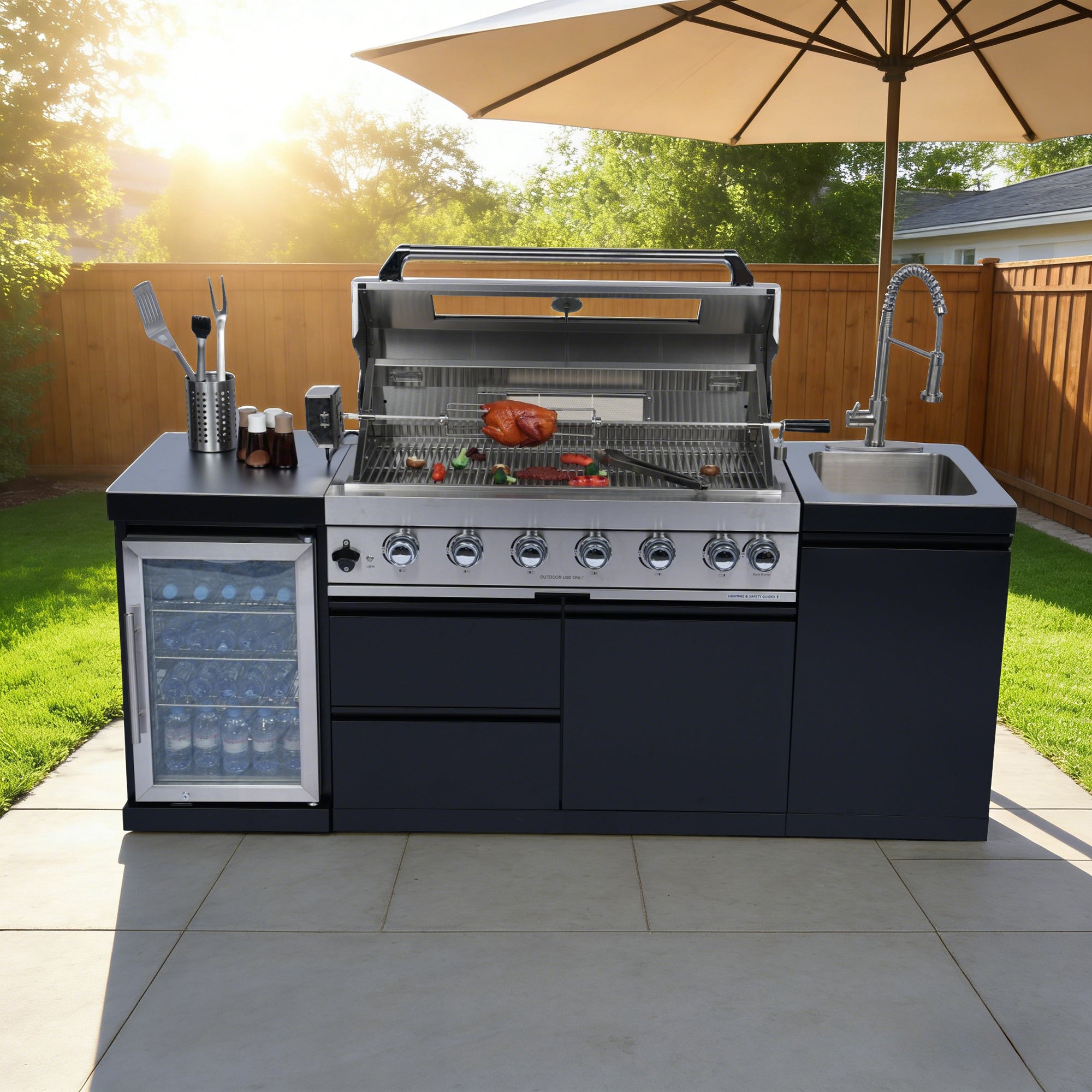 82" 6-Burner 85,000 BTU Stainless Steel Outdoor Kitchen Island Grill with Wine Cooler & Rotisserie