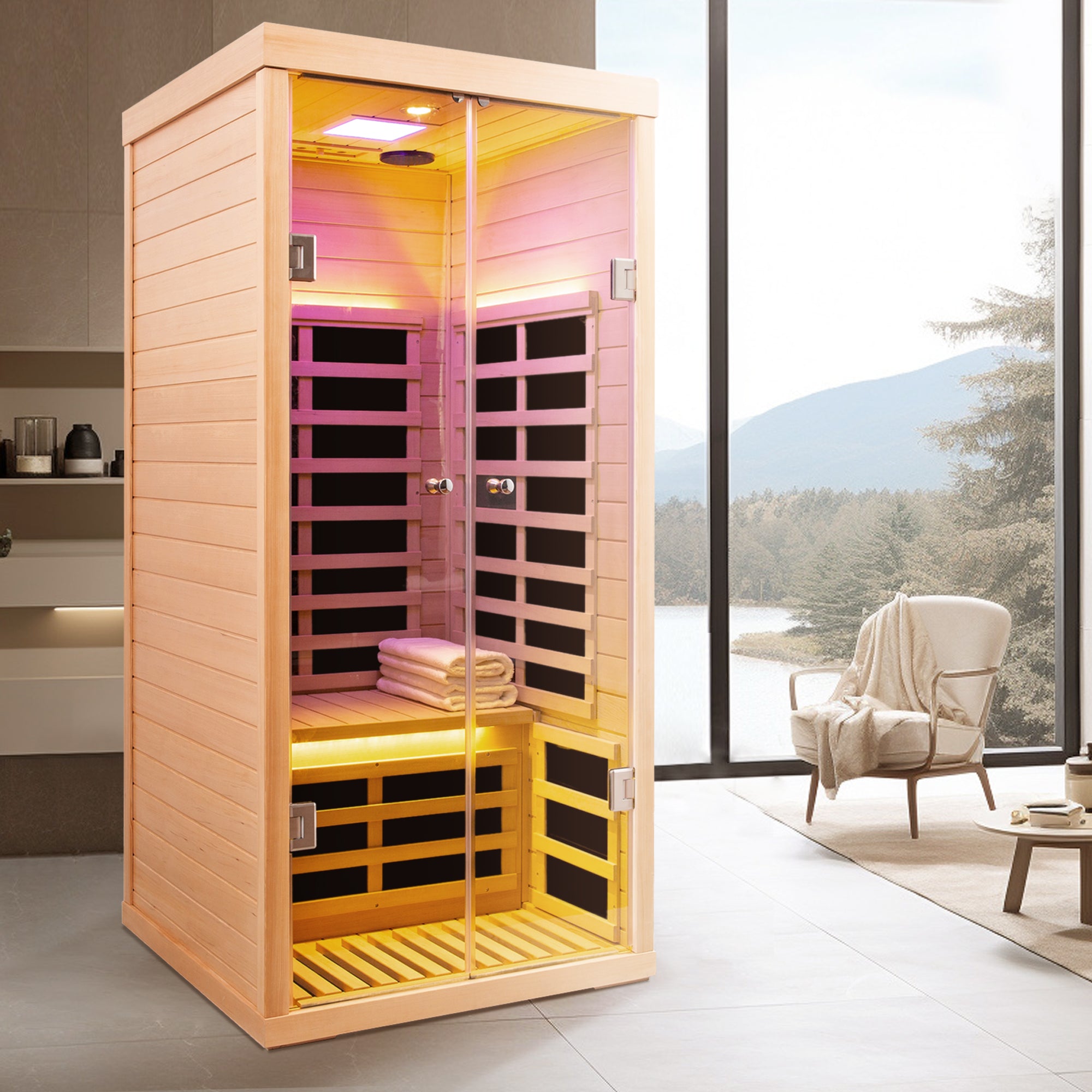 Low EMF 1-Person Hemlock Far-Infrared Indoor Sauna with Double Glass Doors