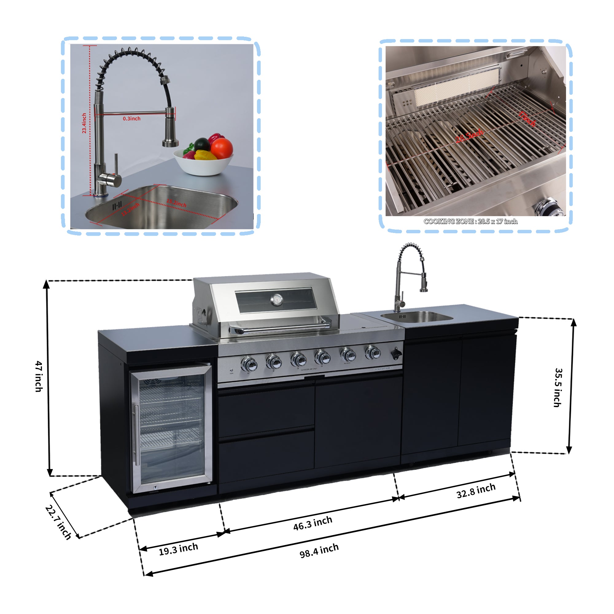 98" 4-Burner 72,000 BTU Stainless Steel Outdoor Kitchen Island Grill with Wine Cooler, Rotisserie & Storage