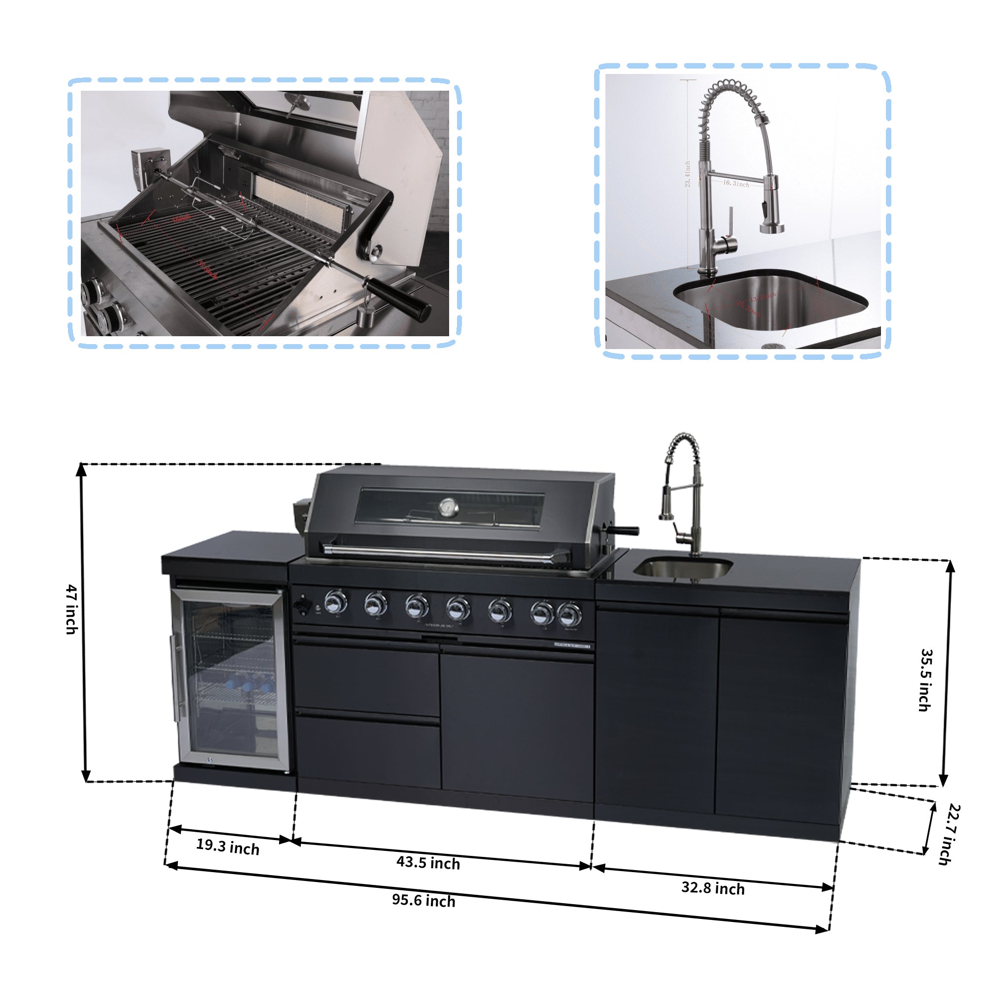 43" 6-Burner Stainless Steel Outdoor Kitchen Island Grill with Wine Cooler, Sink & Rotisserie Kit