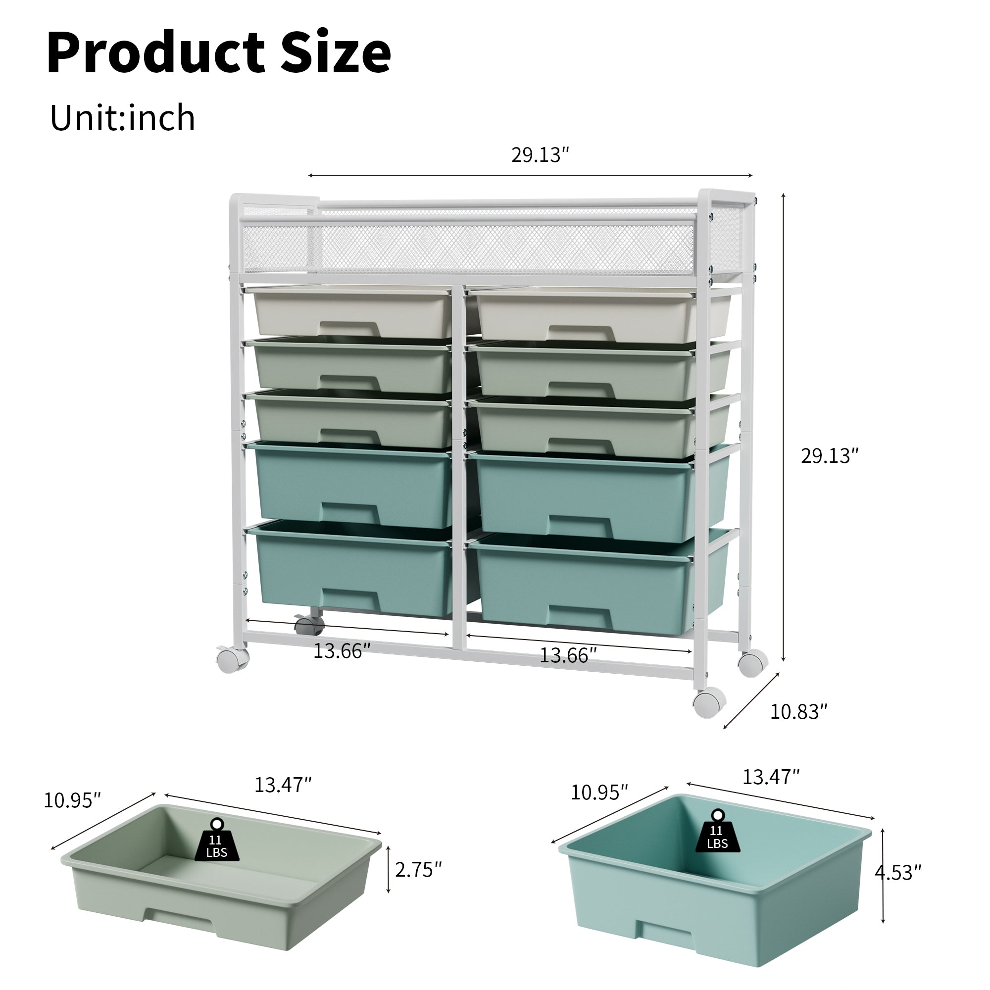 White Large-Capacity 2-Row 10-Drawer Rolling Storage Cart with Metal Mesh Top – Multi-Layer Plastic Drawer Organizer with Wheels for Kitchen, Bathroom, Bedroom & Office