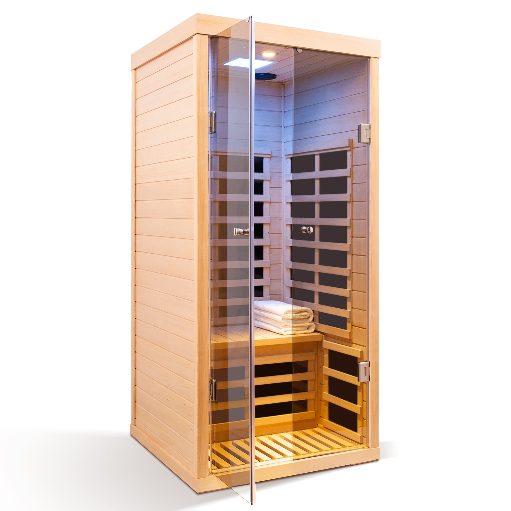 Low EMF 1-Person Hemlock Far-Infrared Indoor Sauna with Double Glass Doors