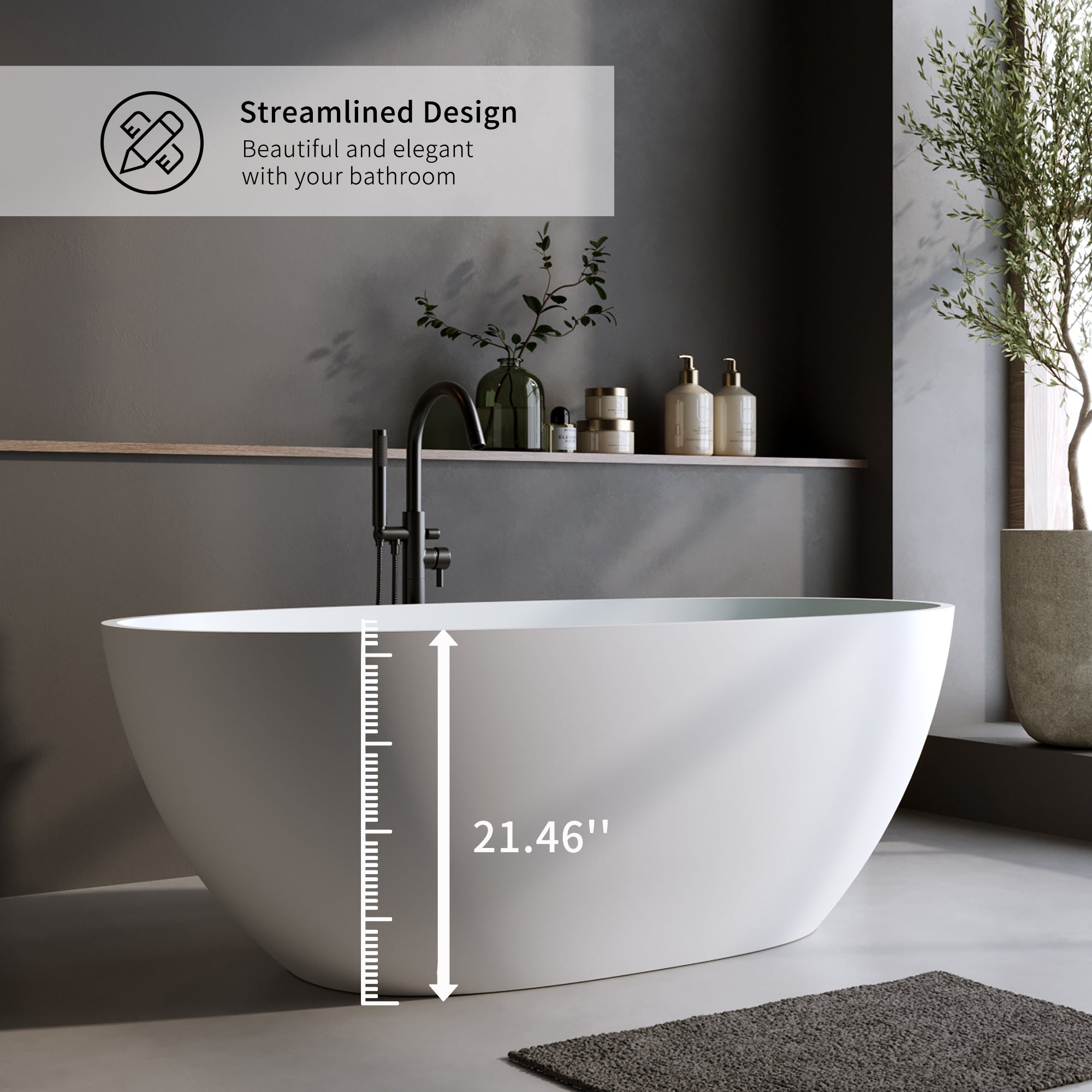59" Matte White Solid Surface Freestanding Soaking Tub – Stone Resin Oval Bathtub with Thick Edge, Overflow & Pop-Up Drain