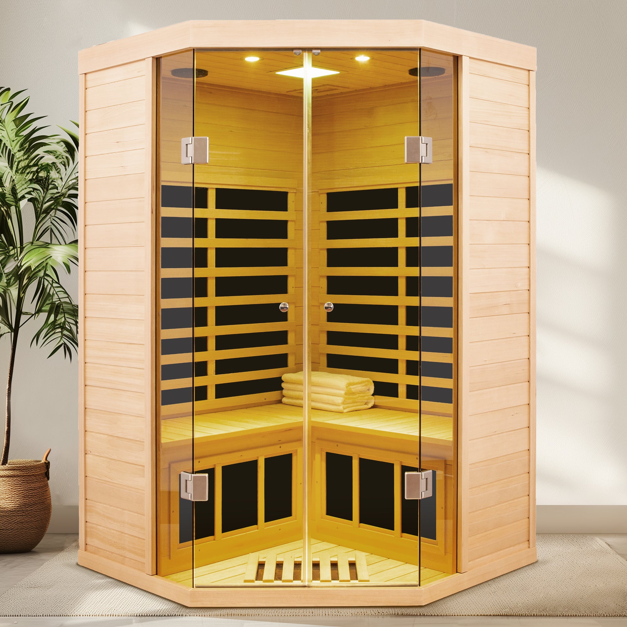 Deluxe Hemlock Corner Sauna Lifestyle