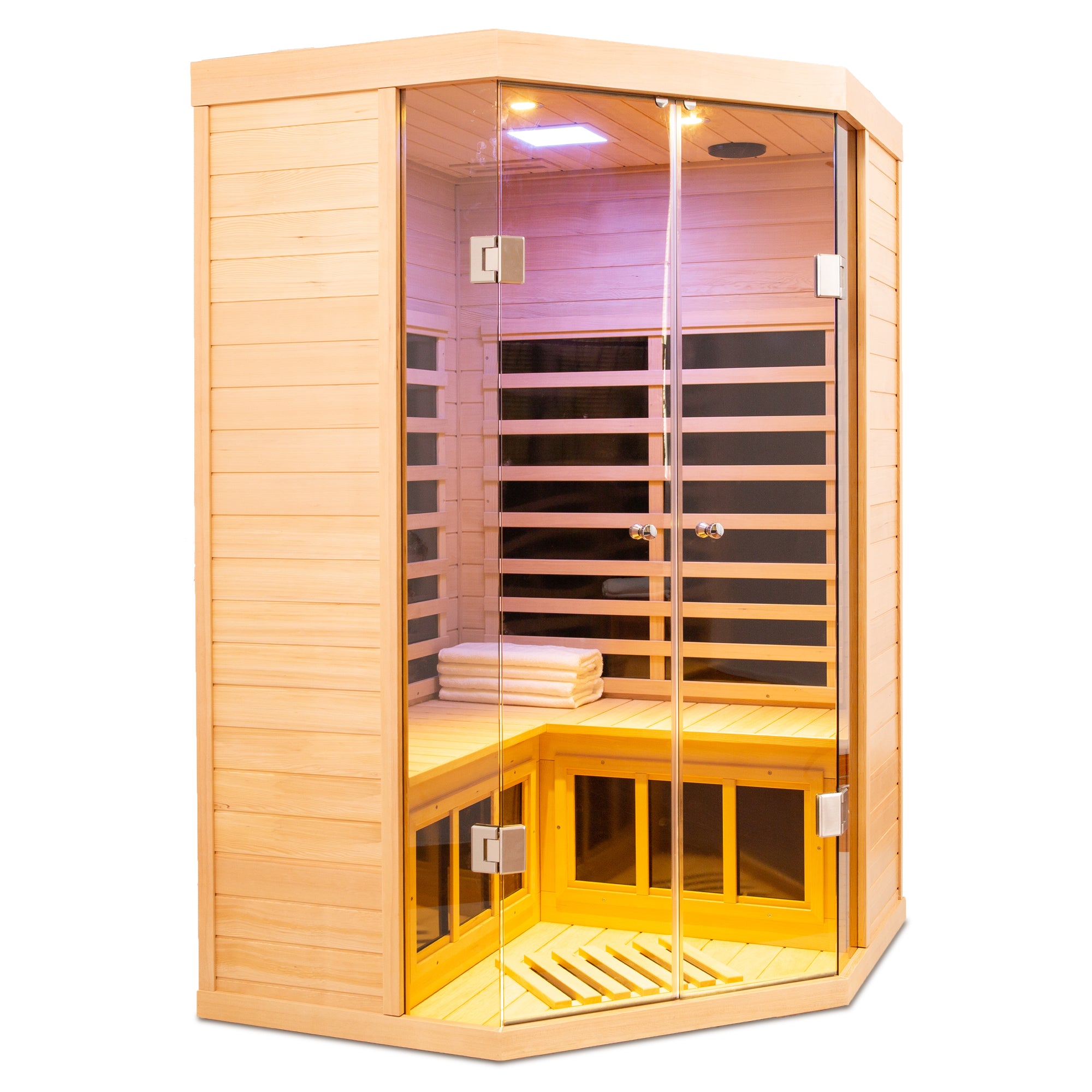 Deluxe Hemlock 2-Person Corner Sauna White Background