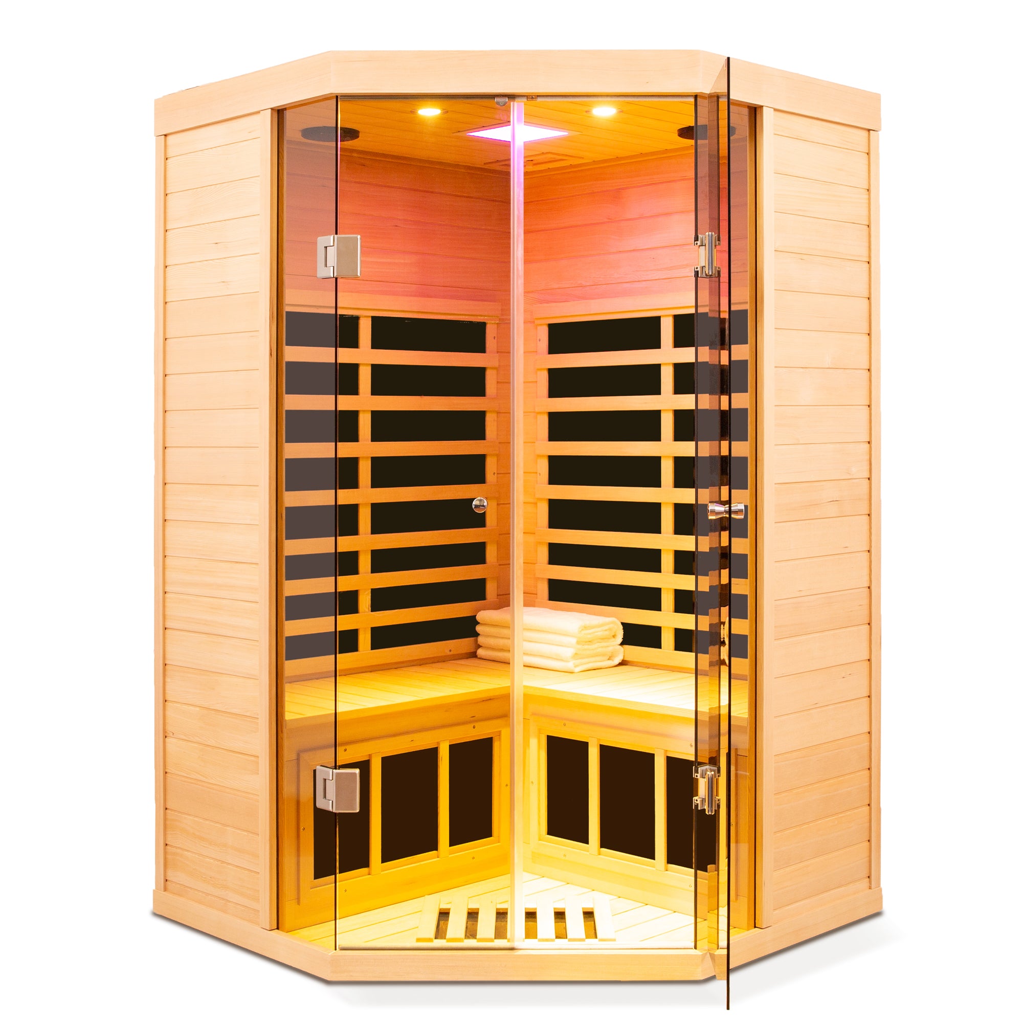 Deluxe Hemlock Corner Sauna Interior