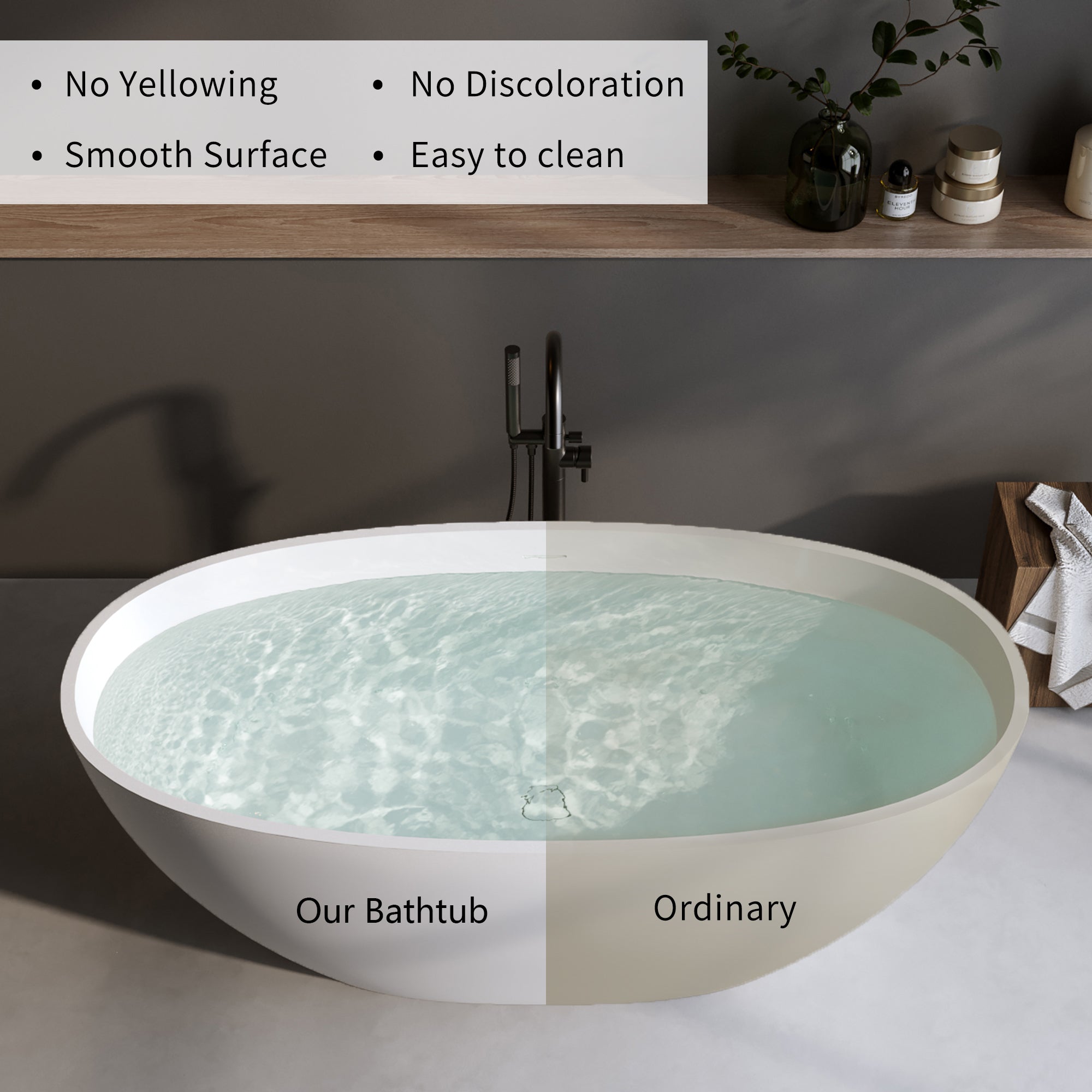 59" Matte White Solid Surface Freestanding Soaking Tub – Stone Resin Oval Bathtub with Thick Edge, Overflow & Pop-Up Drain