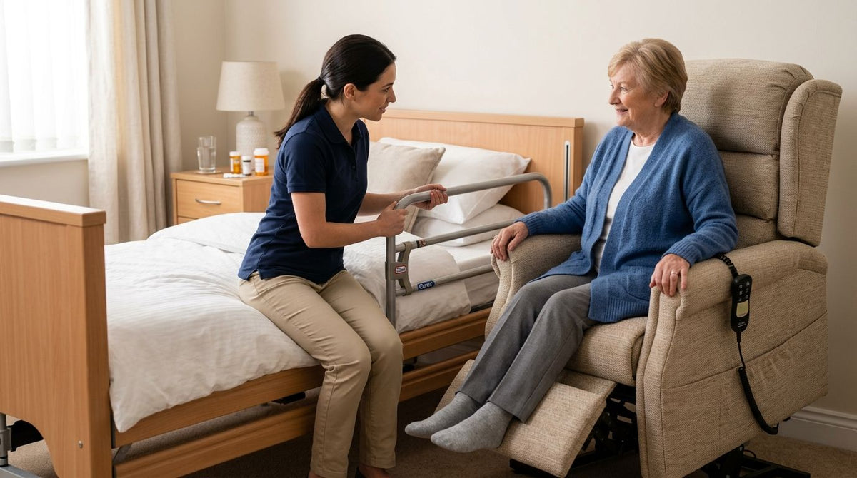 Setting up a lift chair and hospital bed rail after surgery