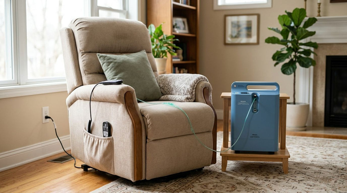 Setting up a lift chair next to an oxygen concentrator