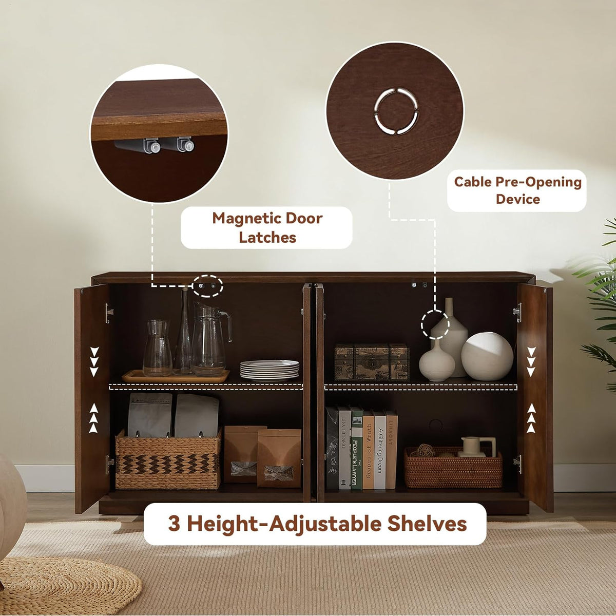 4-Door Accent Cabinet with Carved Wood Doors, Adjustable Shelves & Cable Management