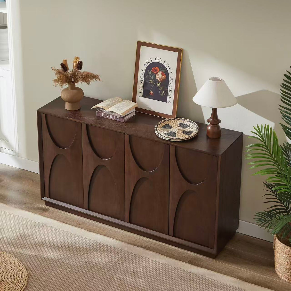 4-Door Accent Cabinet with Carved Wood Doors, Adjustable Shelves & Cable Management