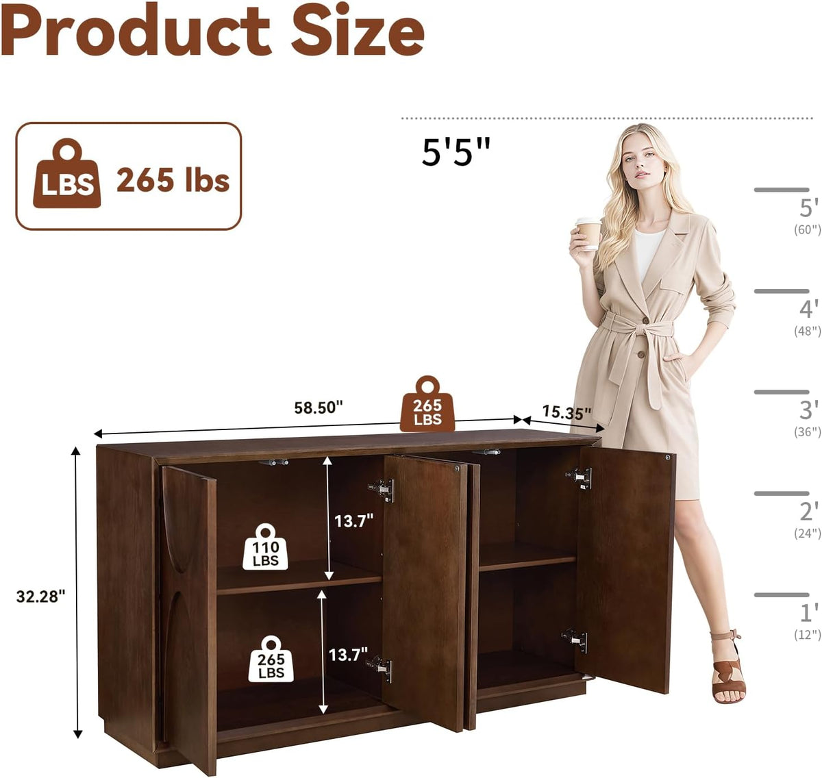 4-Door Accent Cabinet with Carved Wood Doors, Adjustable Shelves & Cable Management