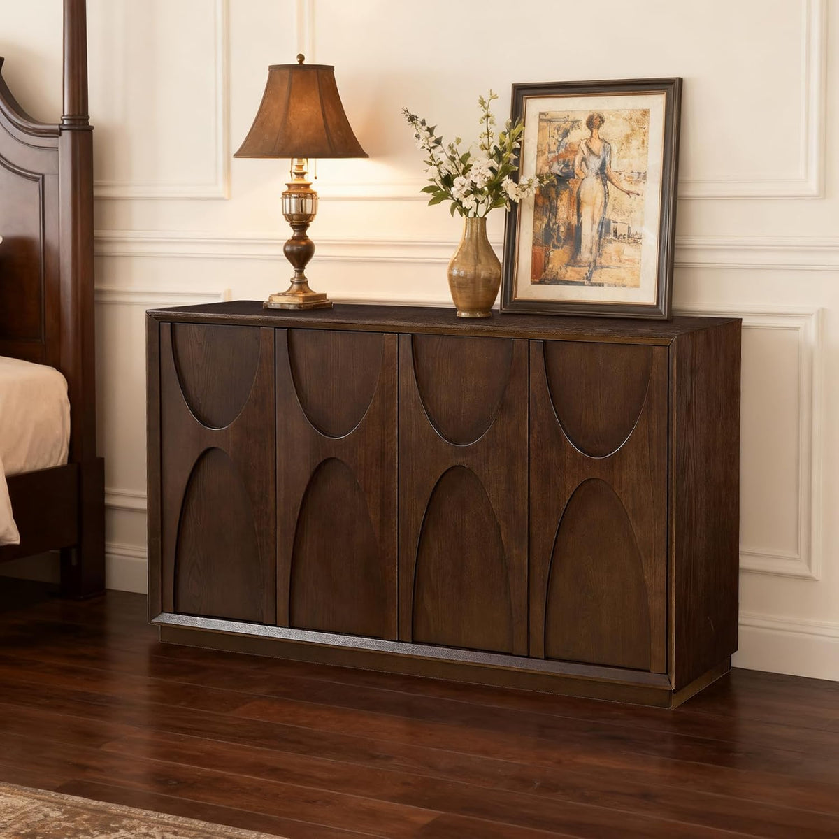 4-Door Accent Cabinet with Carved Wood Doors, Adjustable Shelves & Cable Management