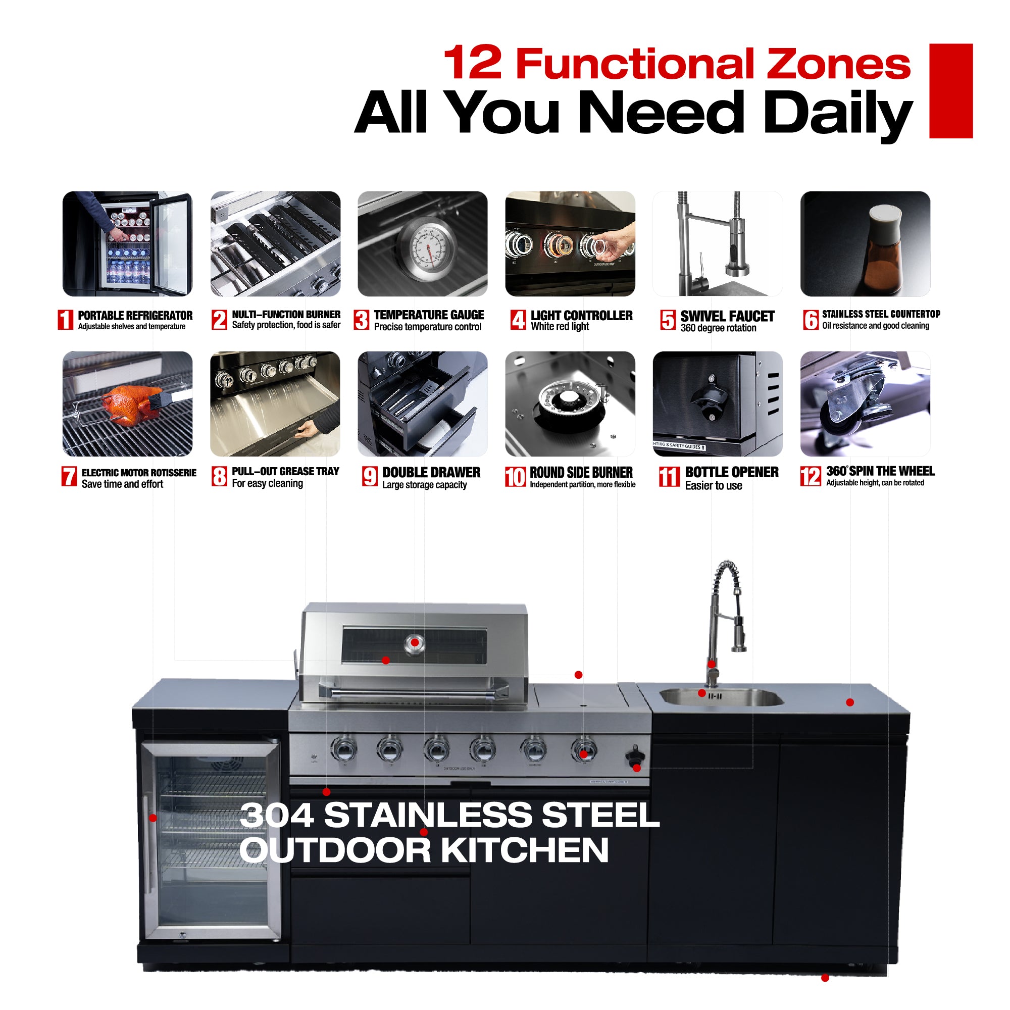 98" 4-Burner 72,000 BTU Stainless Steel Outdoor Kitchen Island Grill with Wine Cooler, Rotisserie & Storage