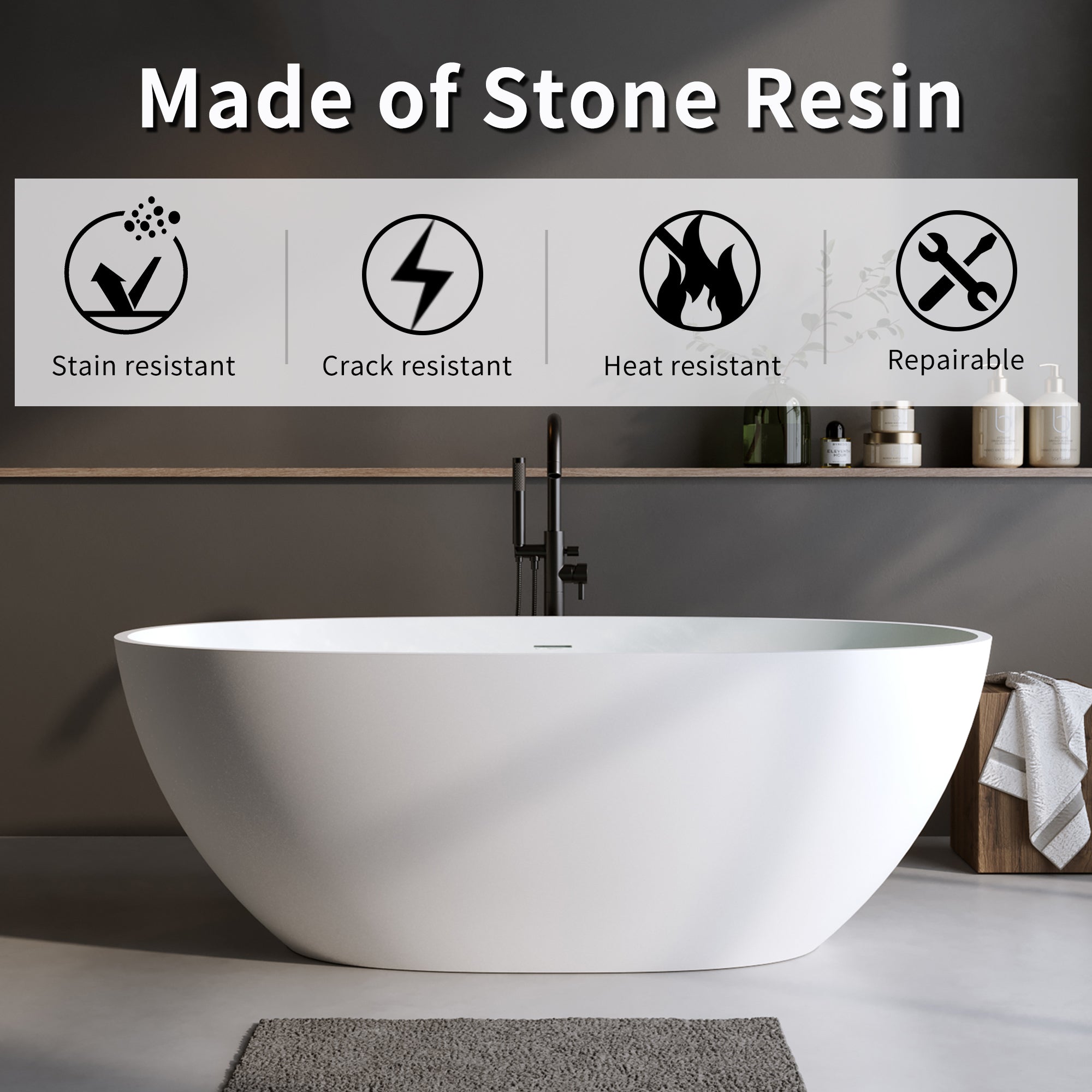 59" Matte White Solid Surface Freestanding Soaking Tub – Stone Resin Oval Bathtub with Thick Edge, Overflow & Pop-Up Drain